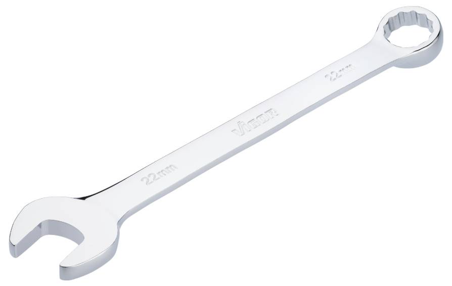 Strieborný kľúč s veľkosťou 22 mm, s otvorenými a krúžkovými koncami, leží diagonálne z ľavého dolného rohu do pravého horného rohu.