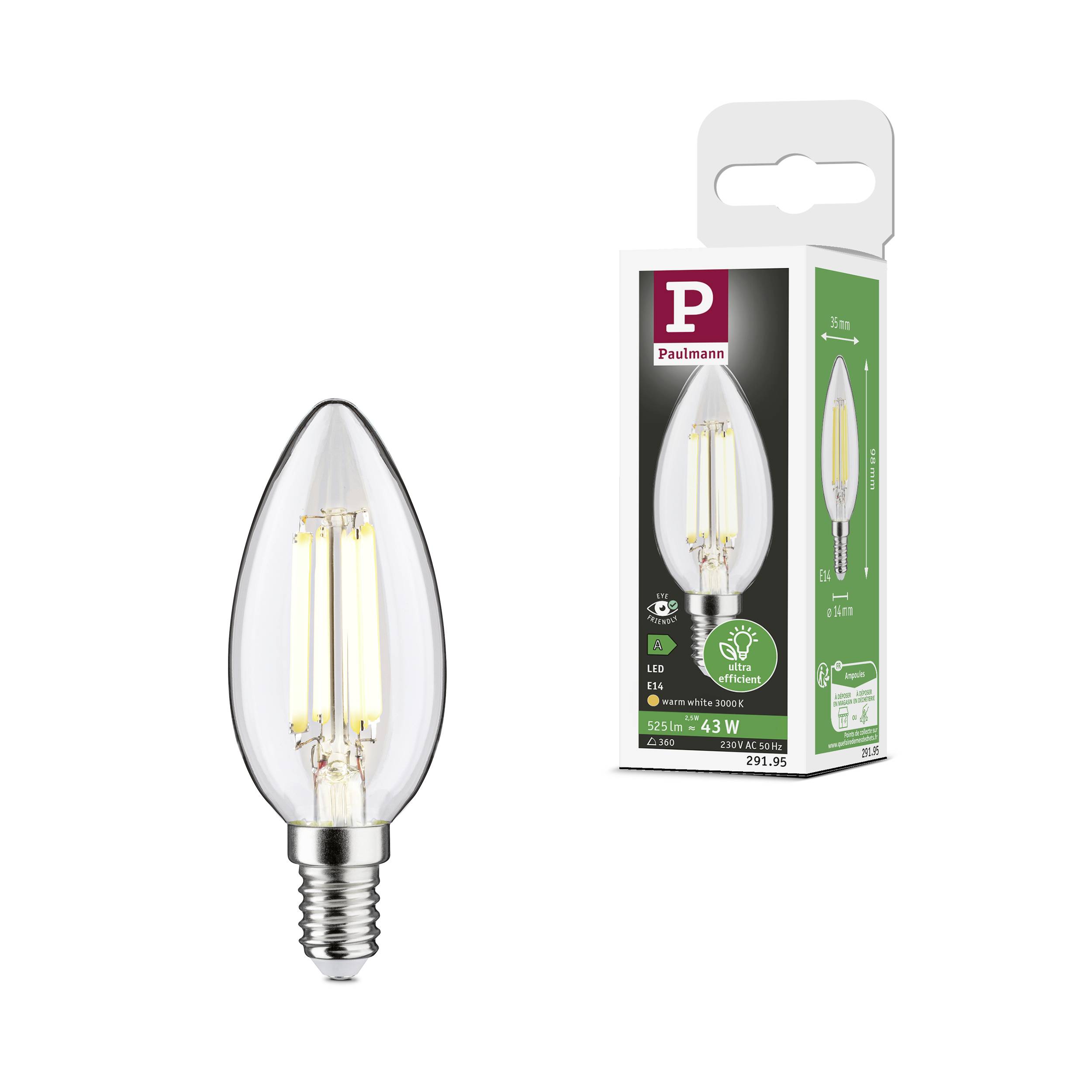 LED sviečková žiarovka s päticou E14, 4W výkon, 470 lúmenov. Balenie zobrazuje energetickú účinnosť a teplú bielu farbu svetla.
