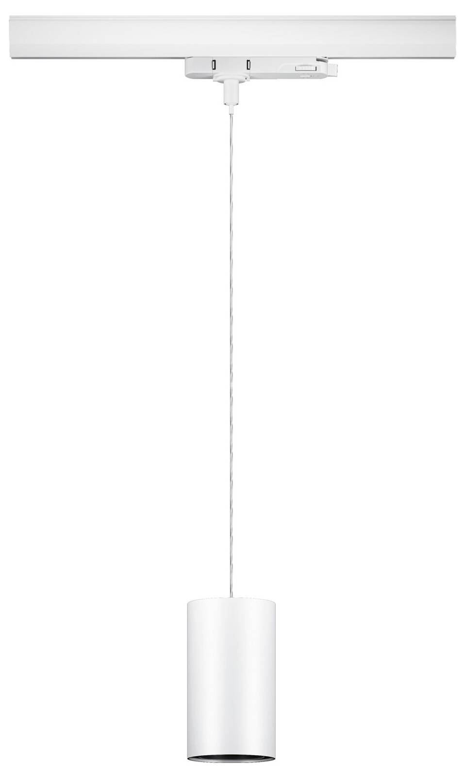 Biela valcovitá závesná lampa s dlhým káblom pripevnená na stropnej lište. Moderný, minimalistický dizajn.