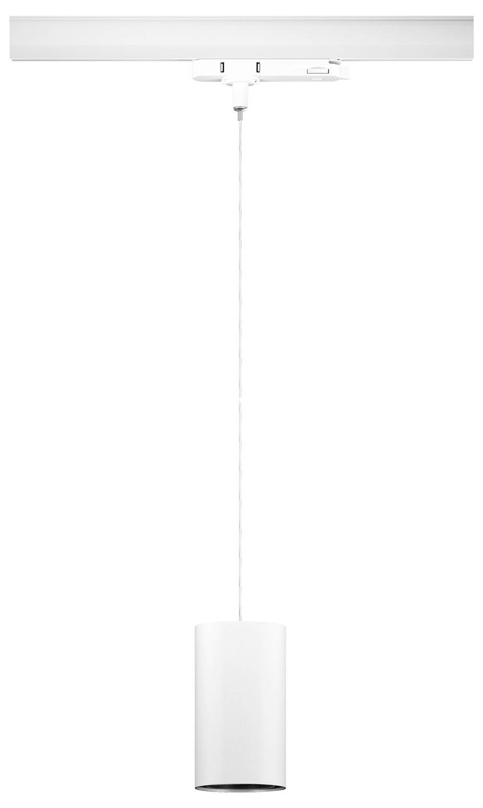 Biela stropná závesná lampa s valcovitým tienidlom, zavesená na tenkej šnúre z obdĺžnikovej stropnej konzoly.