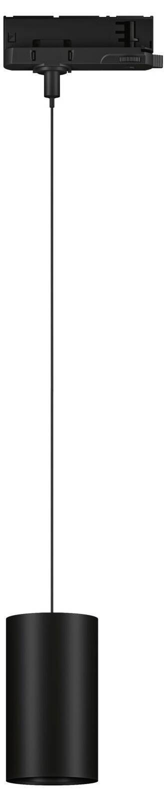 Čierne cylindrické závesné svietidlo na tenkom kábli, integrované do čierneho montážneho prvku. Minimalistický dizajn pre moderné interiéry.