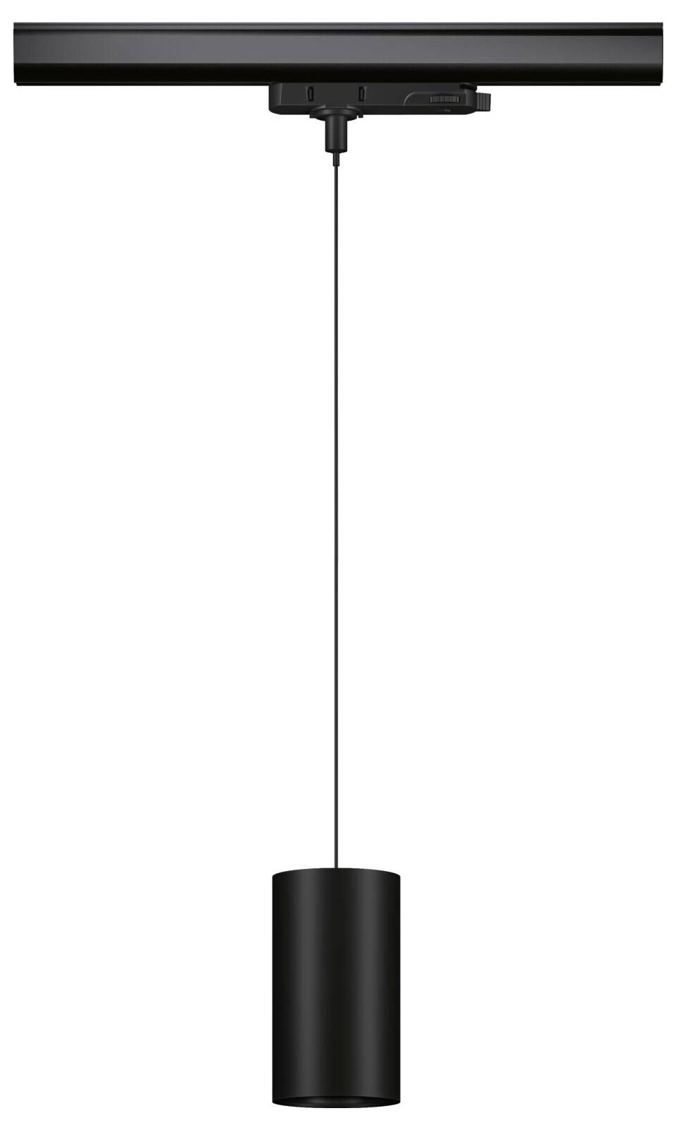 Štíhle čierne závesné svietidlo zavesené na kábli z lišty, vhodné pre modernú interiérovú osvetlenie.