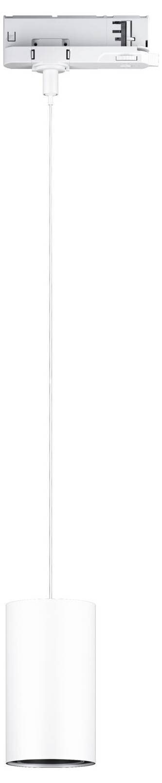 Biela, valcovitá závesná lampa s tenkým káblom a obdĺžnikovým stropným krytom; moderné, minimalistické svetelné riešenie.