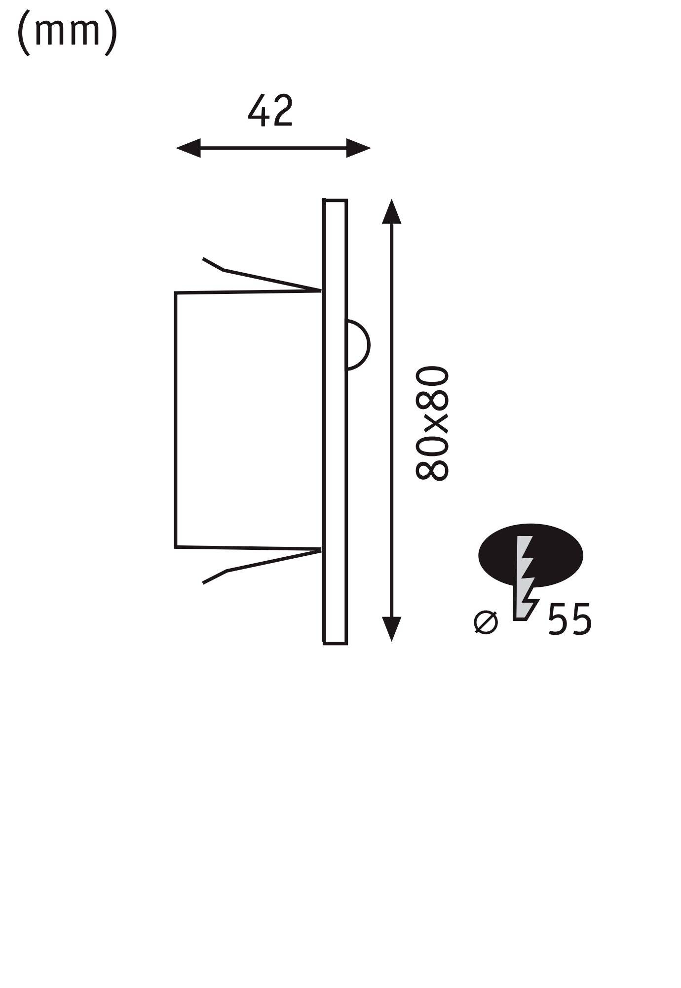 Diagram stropnej lampy s rozmermi: 42 mm hĺbka, veľkosť prednej strany 80x80 mm, priemer otvoru 55 mm.