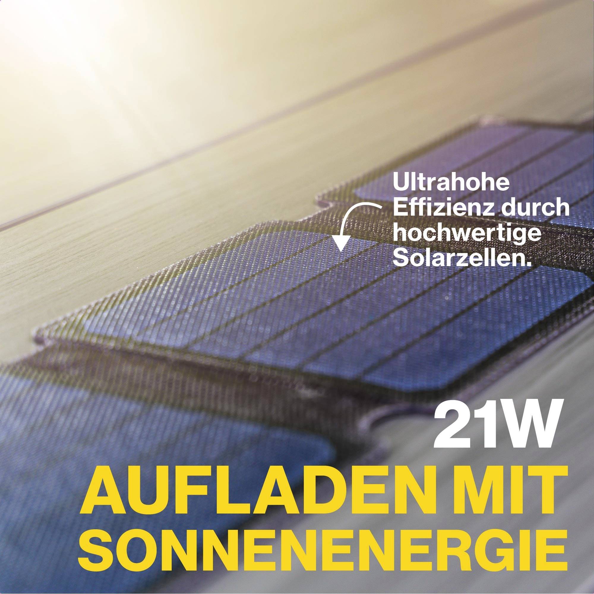 Solárny panel nabíja 21W slnečnej energie. Text: 'Mimoriadne vysoká efektivita vďaka vysokokvalitným solárnym článkom'.