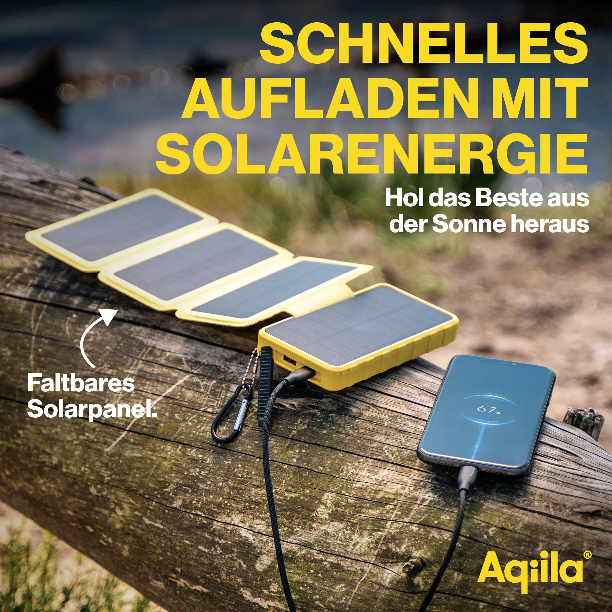 Skladací solárny panel nabíja smartfón pomocou slnečnej energie. Text znie: 'Rýchle nabíjanie pomocou slnečnej energie. Využite maximum zo slnka.'