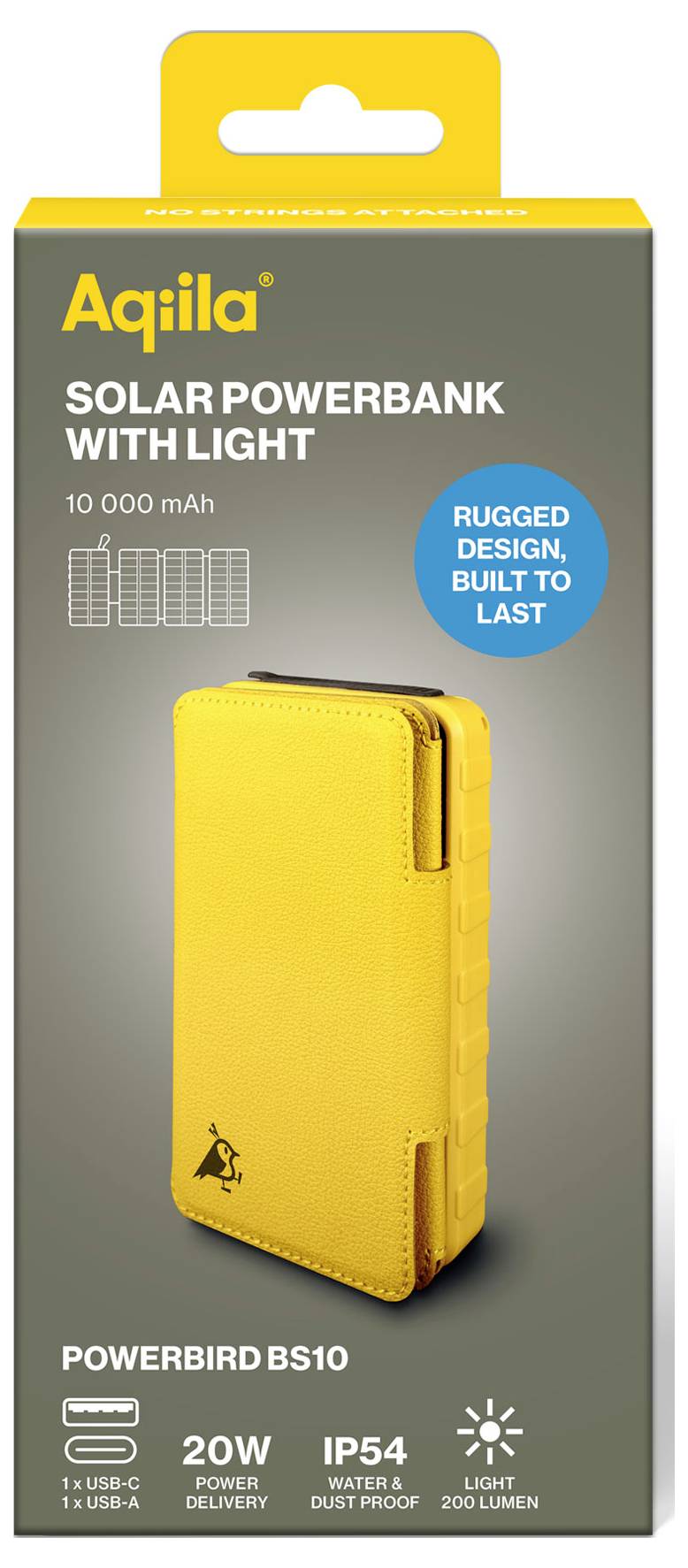Žltá solárna powerbanka so svetlom, 10.000 mAh, model 'Powerbird BS10'. Podporuje 20W výkon, IP54, USB-C a USB-A, 200 lúmenov.