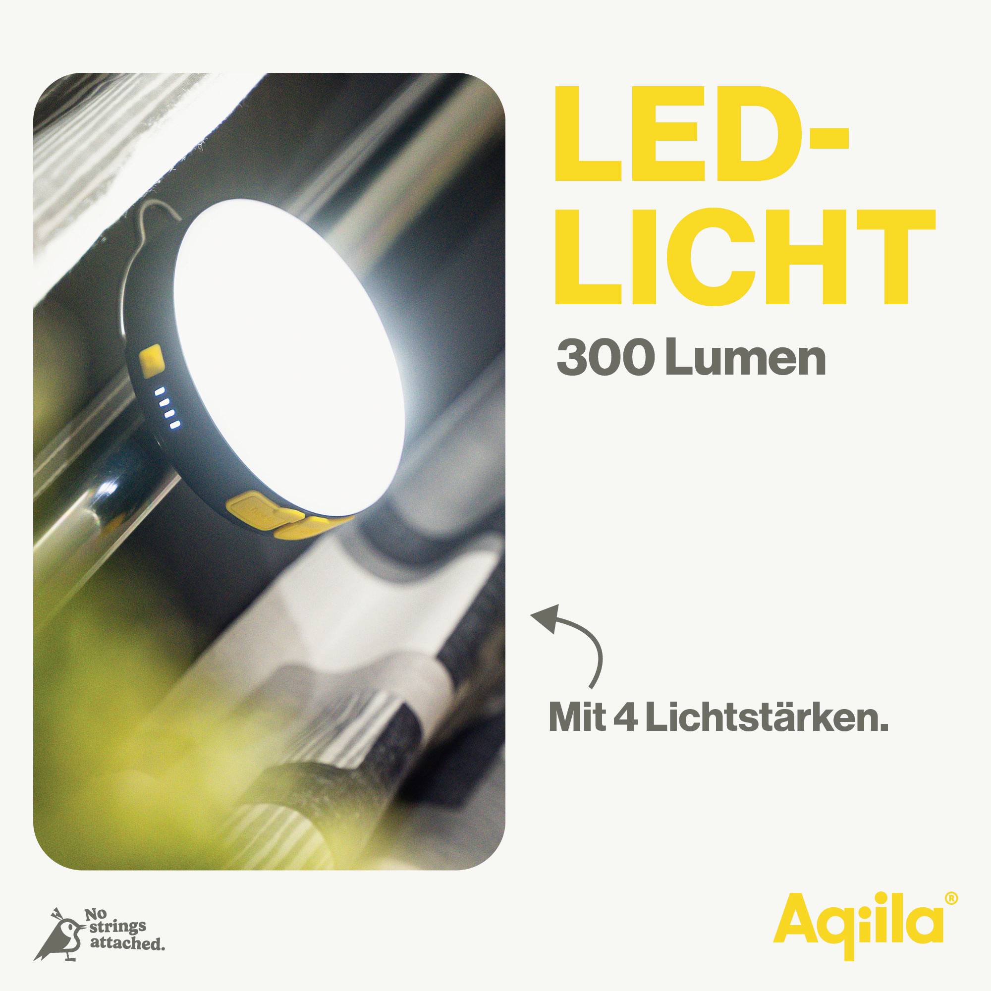Okrúhle LED svetlo na kovovej tyči svieti jasne. Text: 'LED svetlo, 300 lúmenov, so 4 úrovňami jasu.' Logo značky v pravom dolnom rohu.
