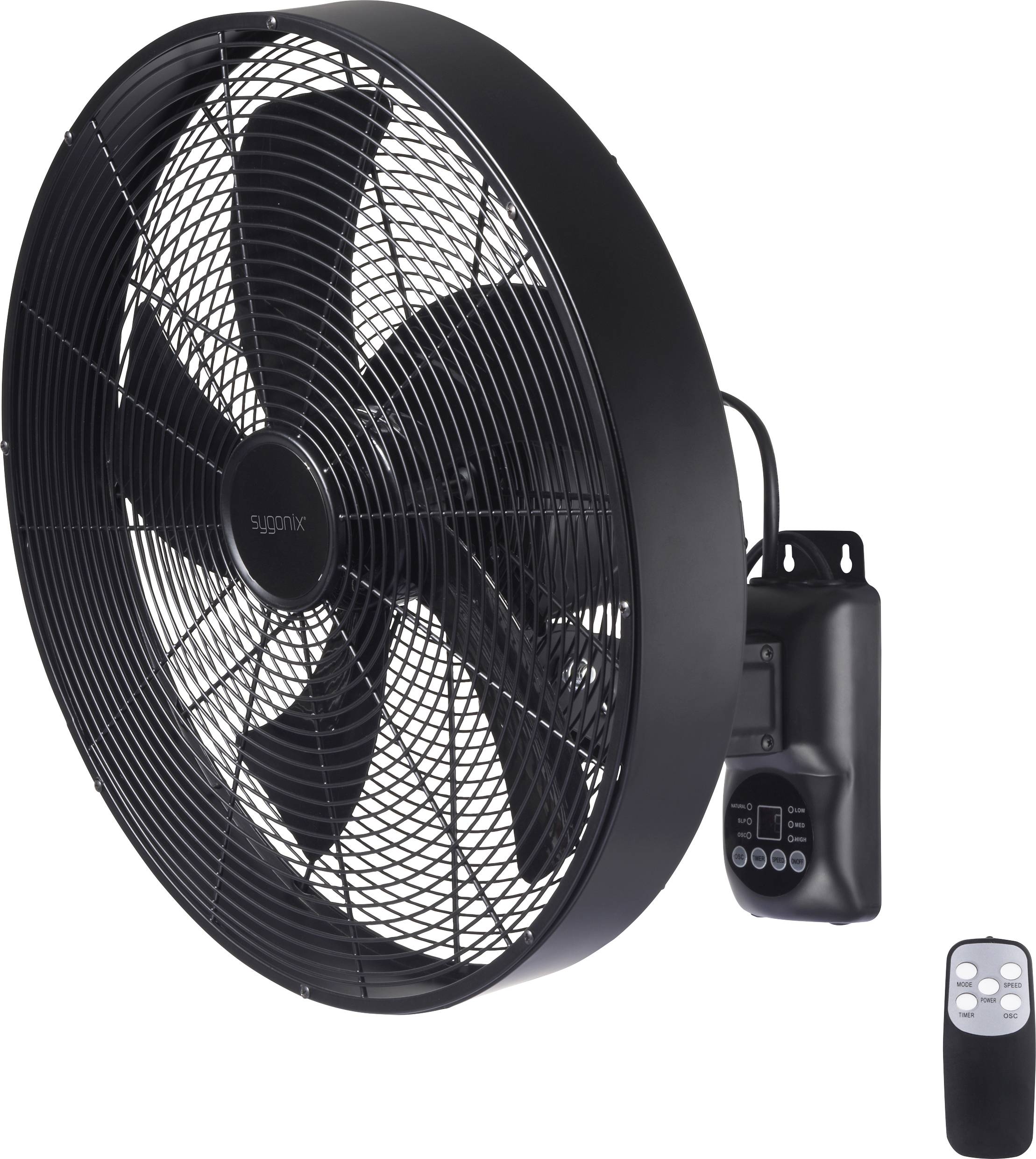 Čierny stenový ventilátor s diaľkovým ovládaním a digitálnym displejom. Vhodný na reguláciu cirkulácie vzduchu v interiéroch.