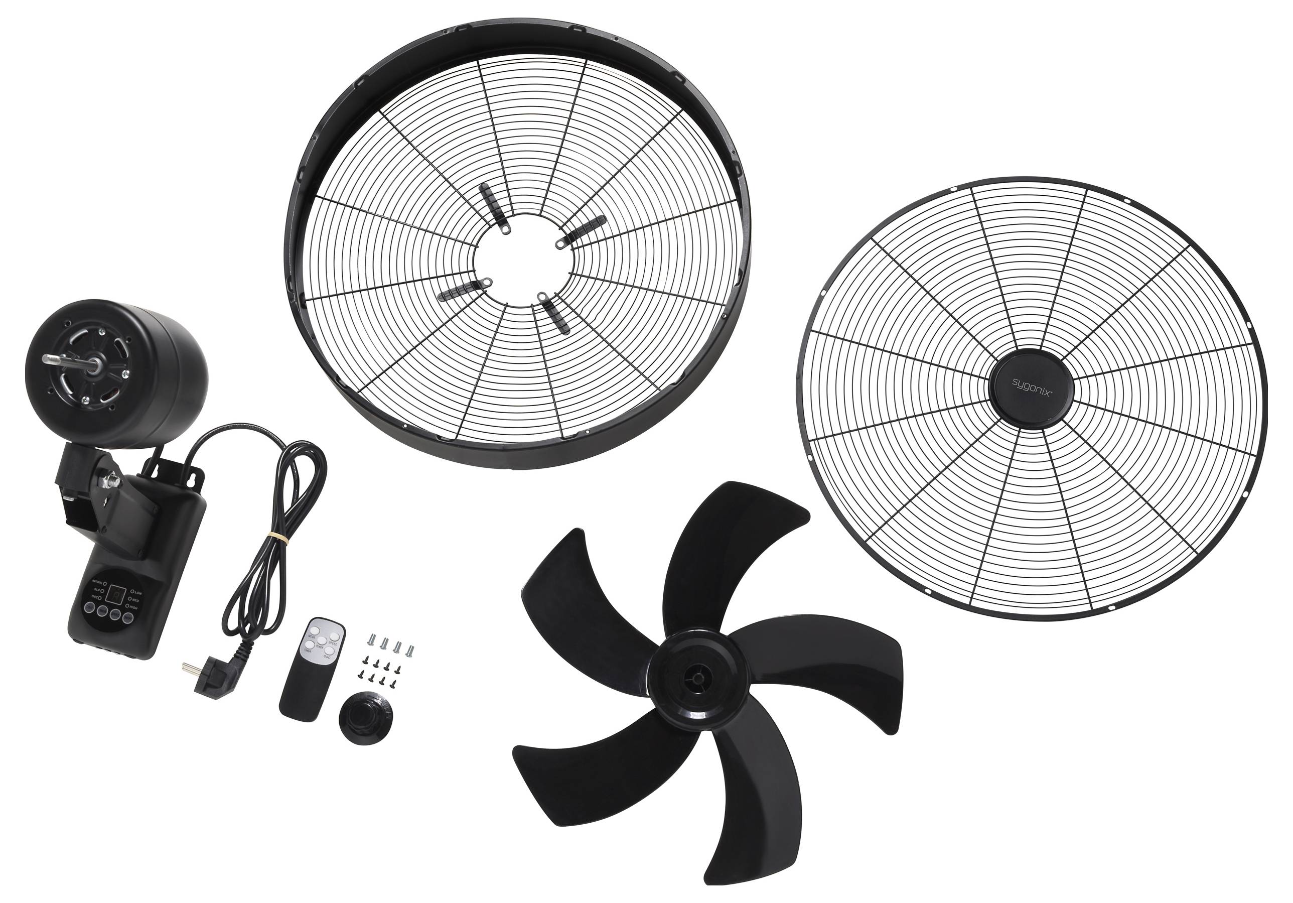 Ventilátor - stavebnica s motorom, vrtuľou, dvoma ochrannými mriežkami, riadiacou jednotkou, diaľkovým ovládačom a montážnym materiálom na bielom pozadí.