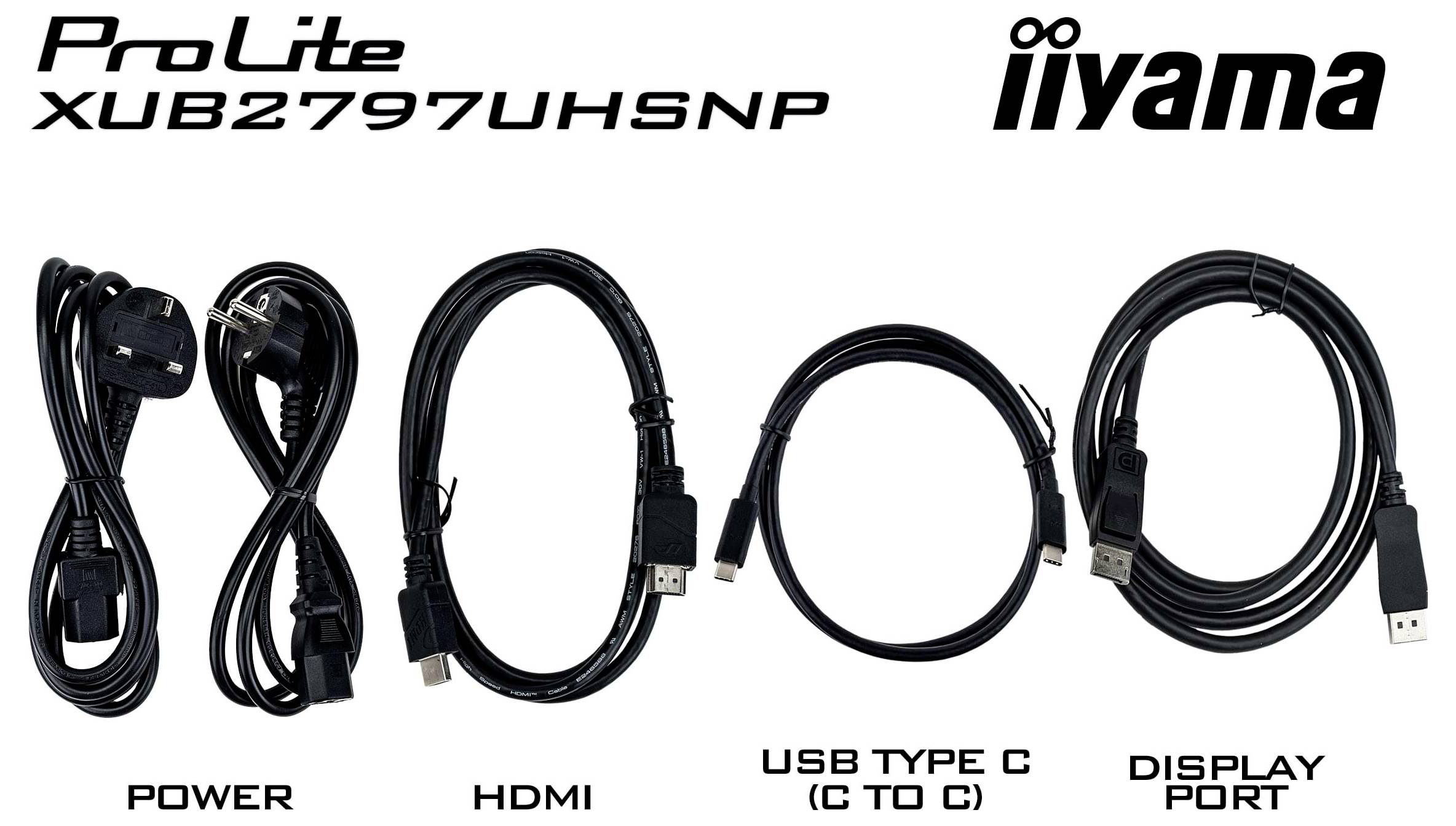 Obrázok zobrazuje štyri typy káblov s popiskami: Napájací, HDMI, USB Type C (C to C) a Display Port, na bielom pozadí.