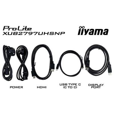 Obrázok zobrazuje štyri typy káblov s popiskami: Napájací, HDMI, USB Type C (C to C) a Display Port, na bielom pozadí.