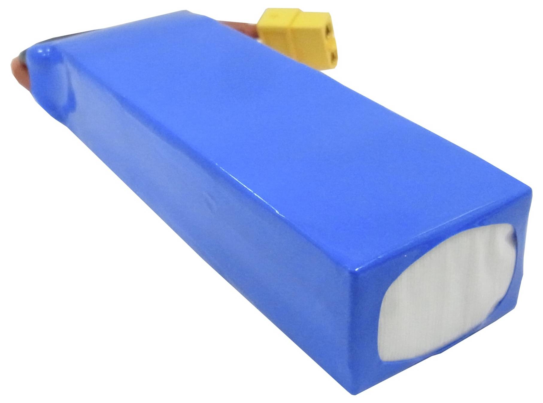 Modrý lithium-polymérový akumulátor so žltou koncovkou, vhodný pre modelárstvo alebo drony. Obdĺžnikový tvar, kompaktný a ľahký.