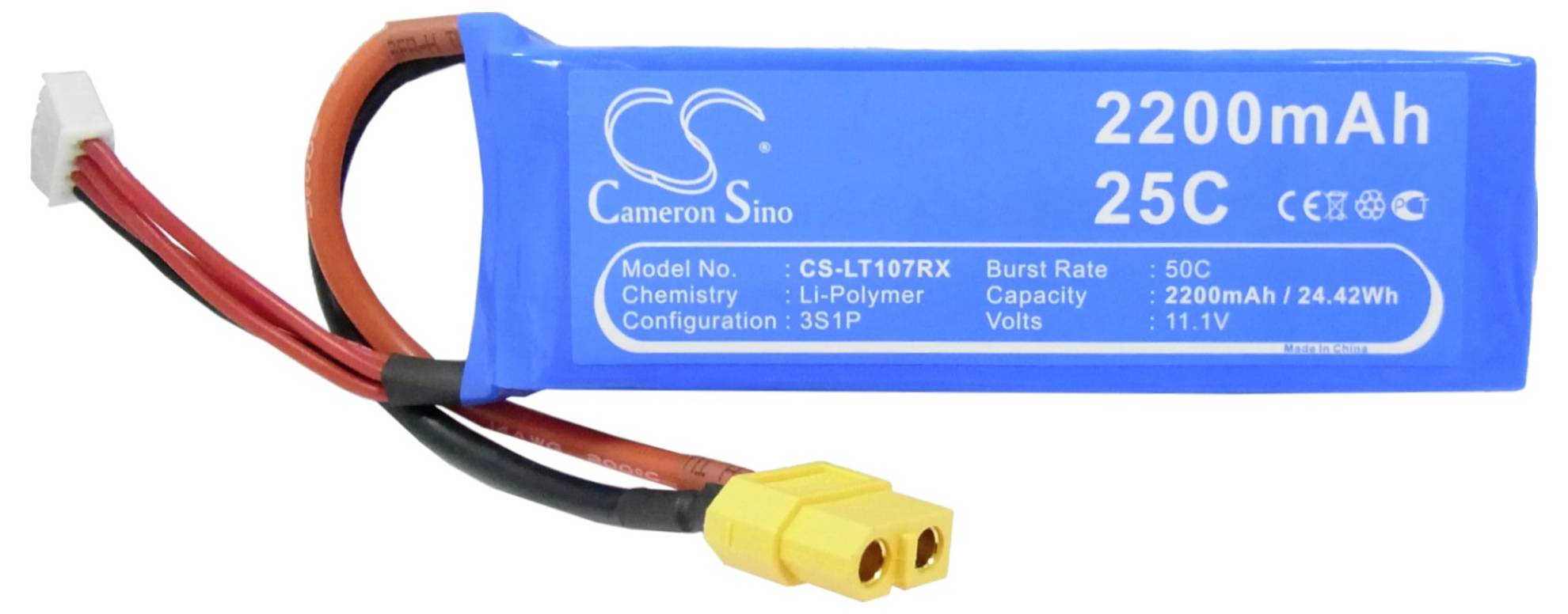 Modrý lítiovo-polymérový akumulátor s kapacitou 2200mAh, 25C vybíjacou rýchlosťou a žltým konektorom, vhodný pre diaľkovo ovládané zariadenia.