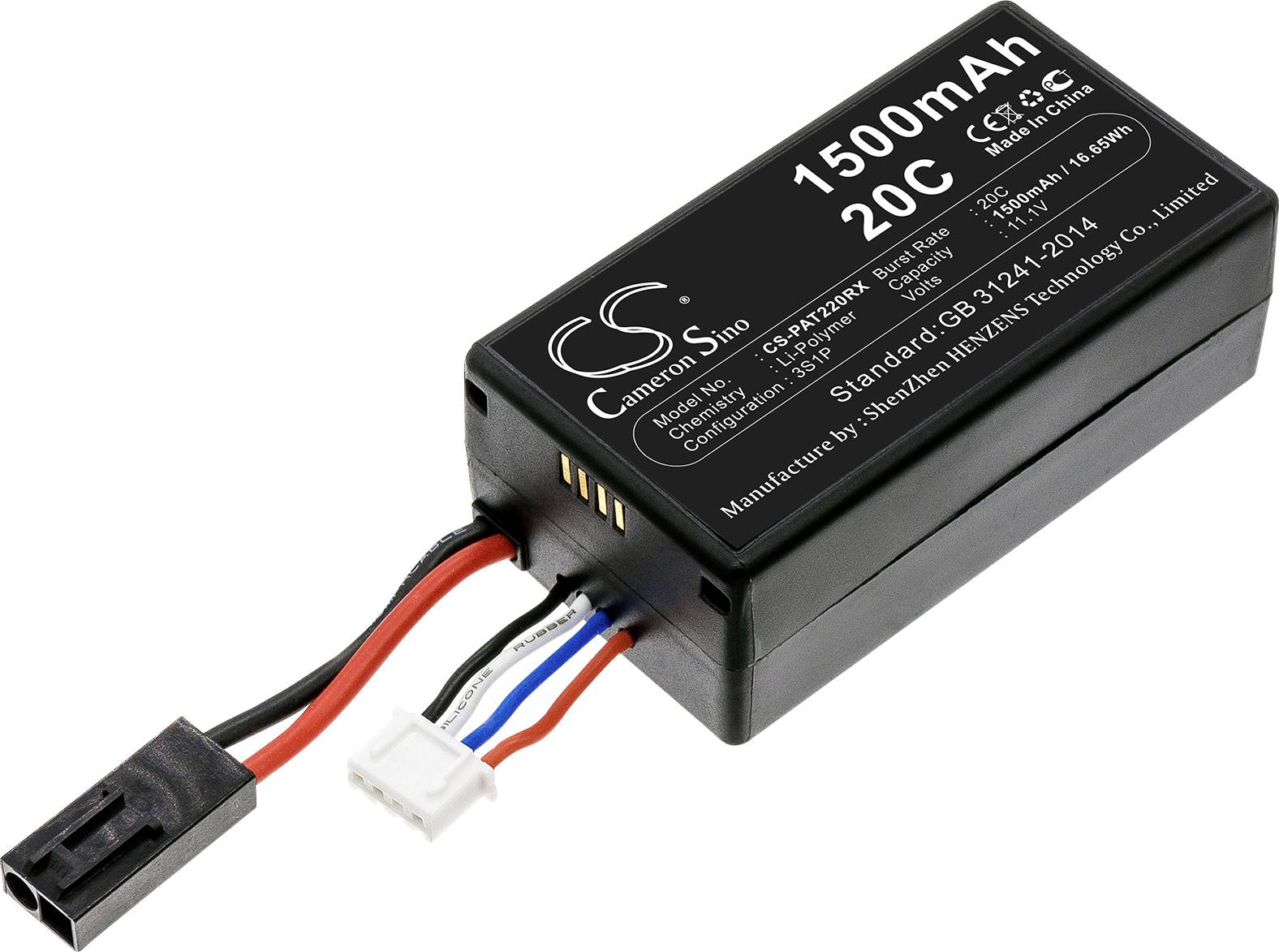 Čierny akumulátor s nápisom '1500mAh 20C'. Má tri farebné káble (červený, čierny, modrý, biely) a dve biele konektorové spojenia.