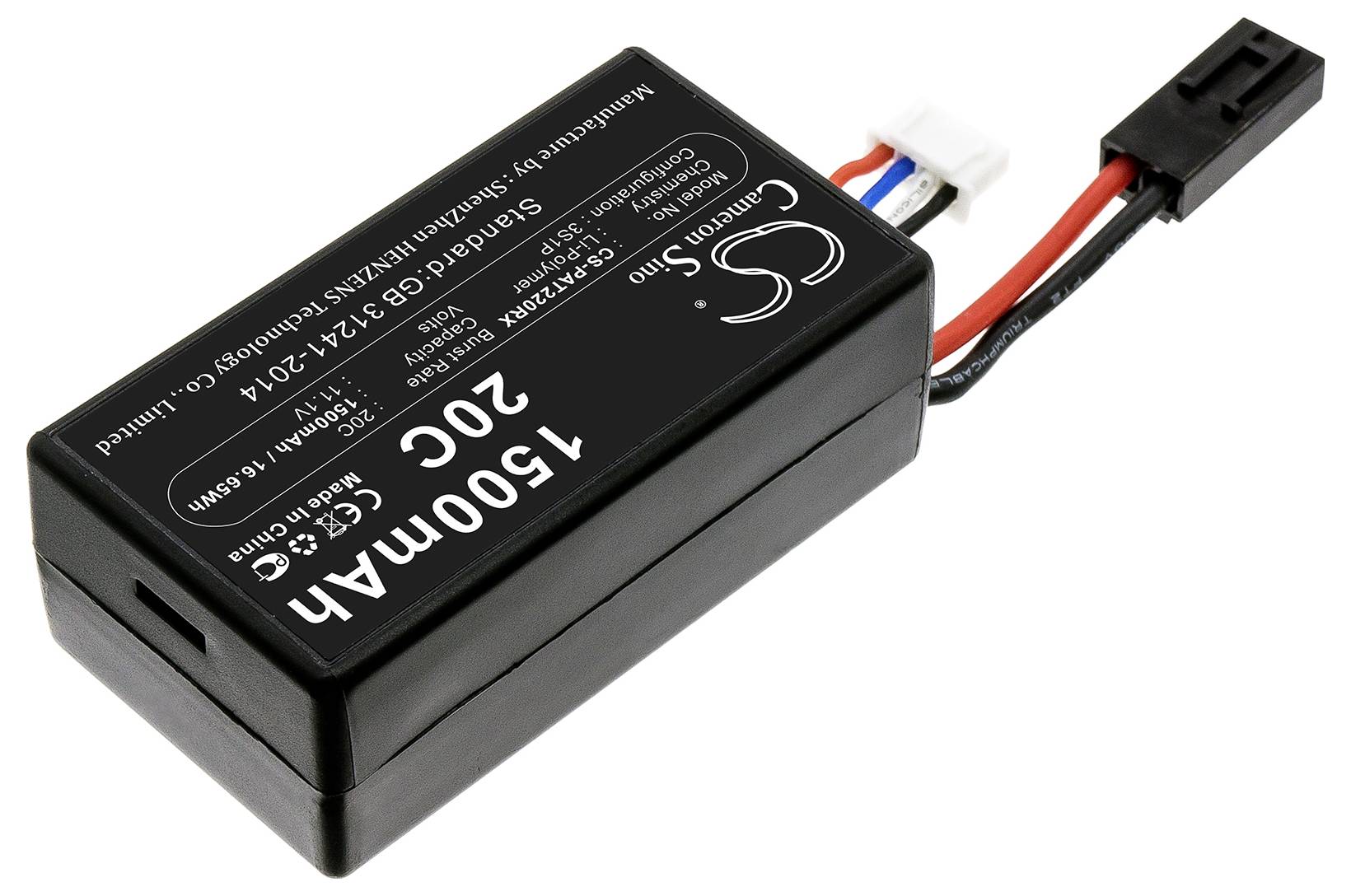 Čierny nabíjateľný akumulátor s bielou zástrčkou a červenými, bielymi a čiernymi káblami. Potlač: '1500mAh, 3,6V'.