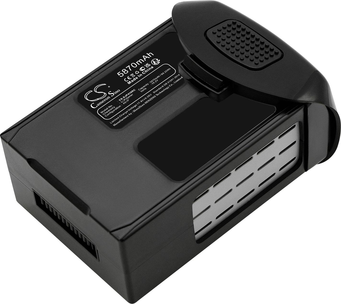 Čierna batéria dronu s kapacitou 5870 mAh. Nápis na hornej strane s technickými údajmi a informáciami o výrobcovi.