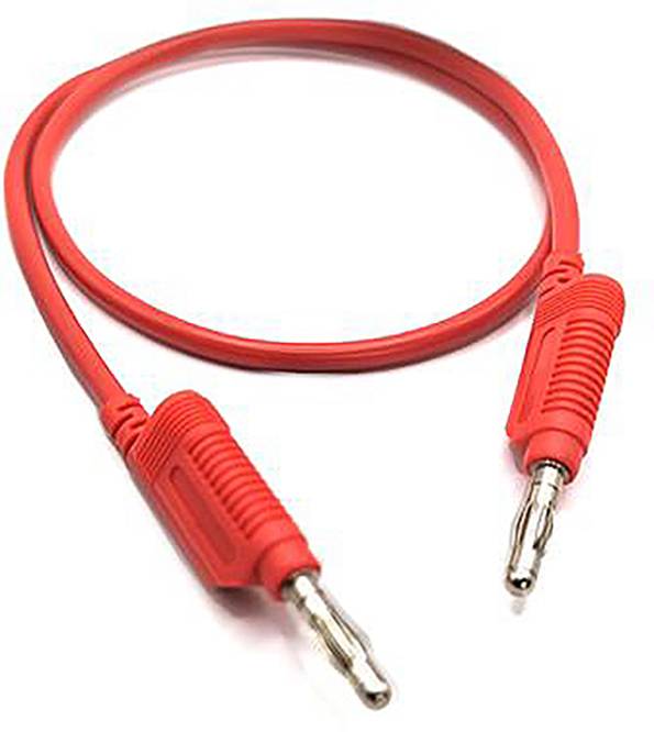 Červený audiokabeł s dvoma koncovkami, používaný na pripojenie elektronických zariadení na prenos zvuku.