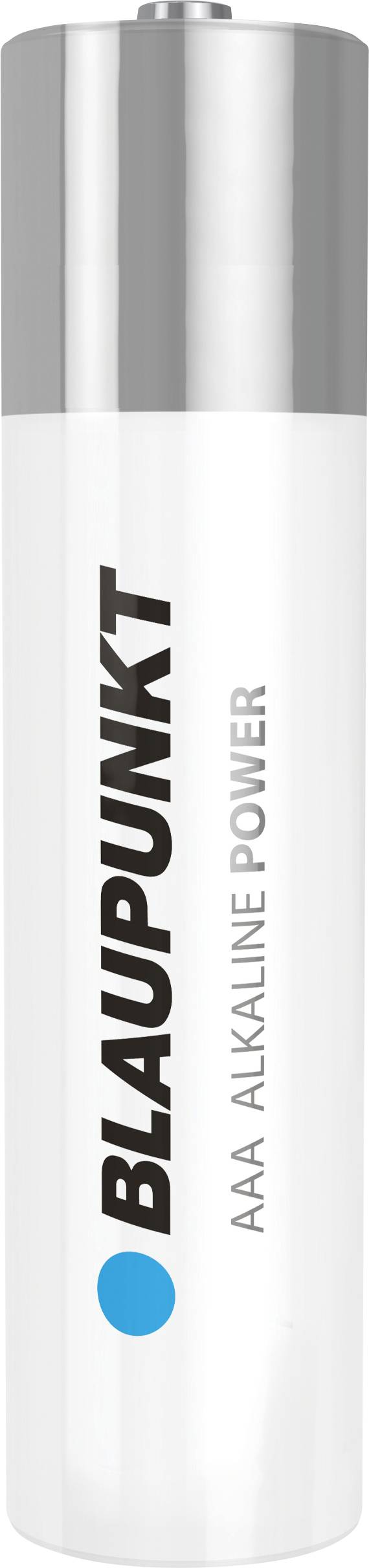 AAA batérie s nápisom 'BLAUPUNKT AAA ALKALINE POWER' v modrom a čiernom texte, stojace vzpriamene.