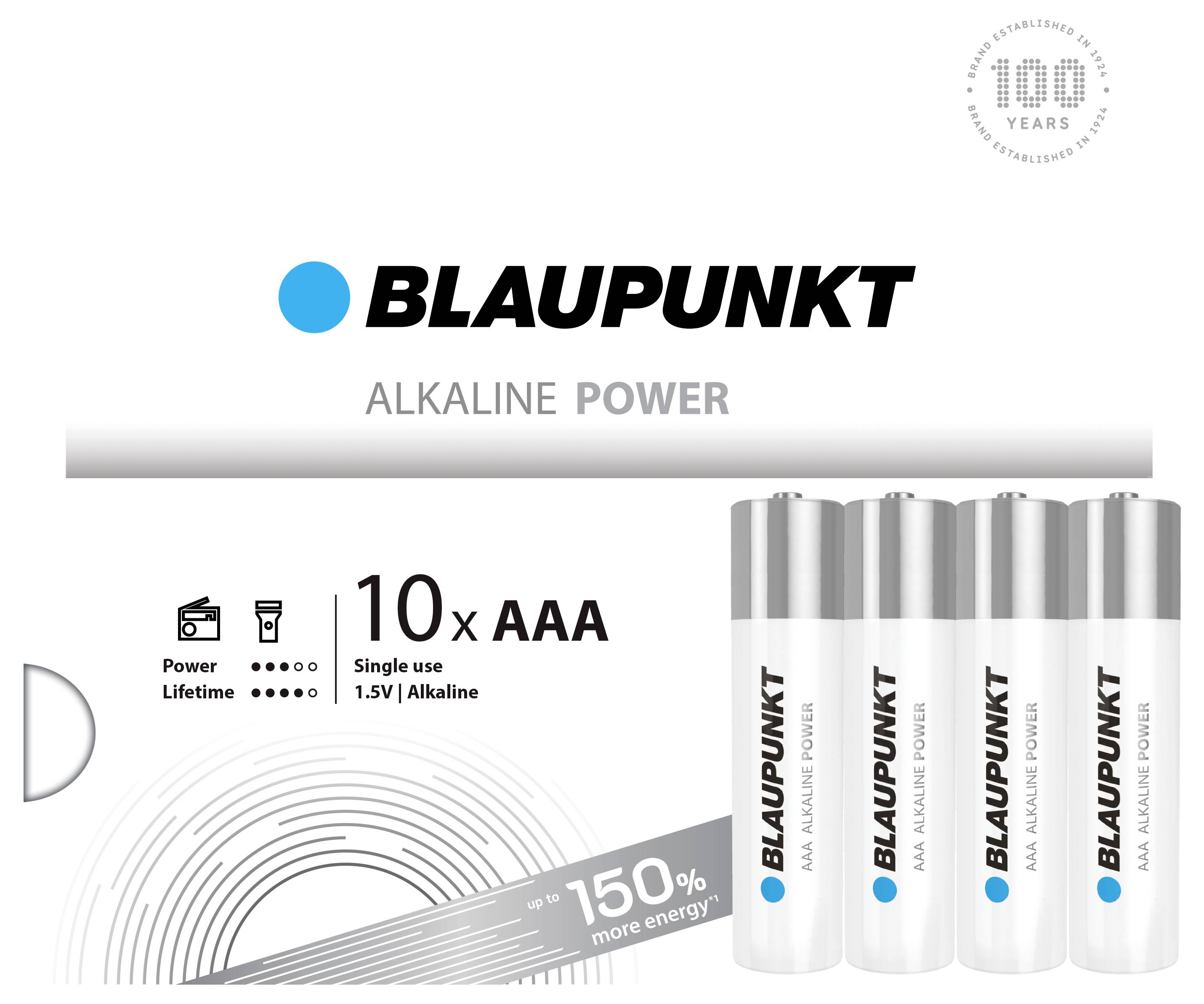 Štyri AAA alkalické batérie značky Blaupunkt v jednom balení. Text "až o 150% viac energie".