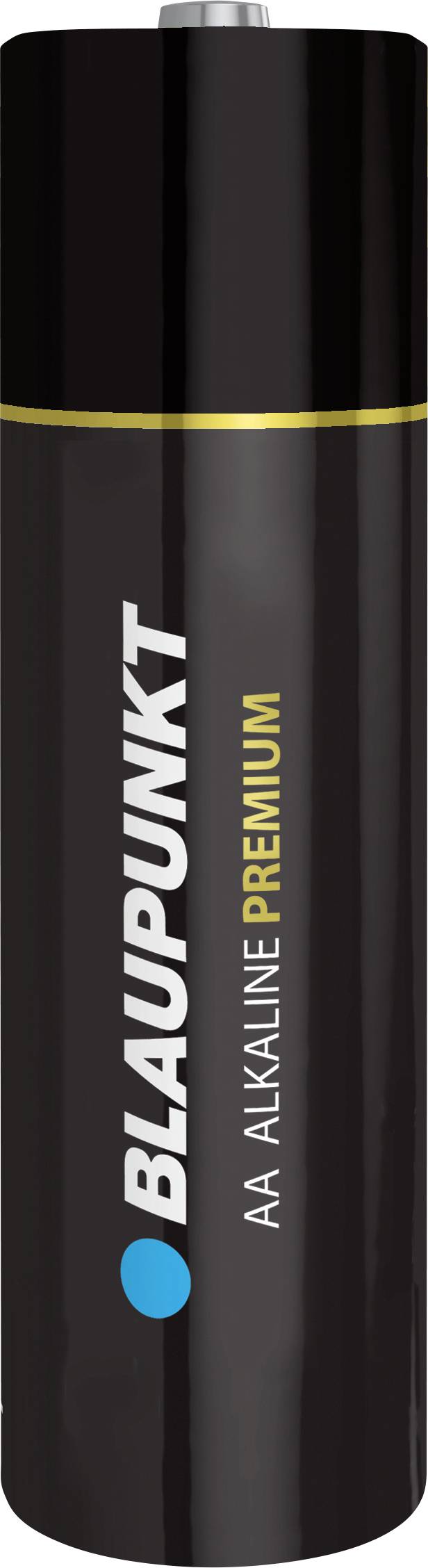 Čierna AA alkalická batéria značky Blaupunkt so žltými akcentmi a nápisom 'BLAUPUNKT' v bielej farbe.