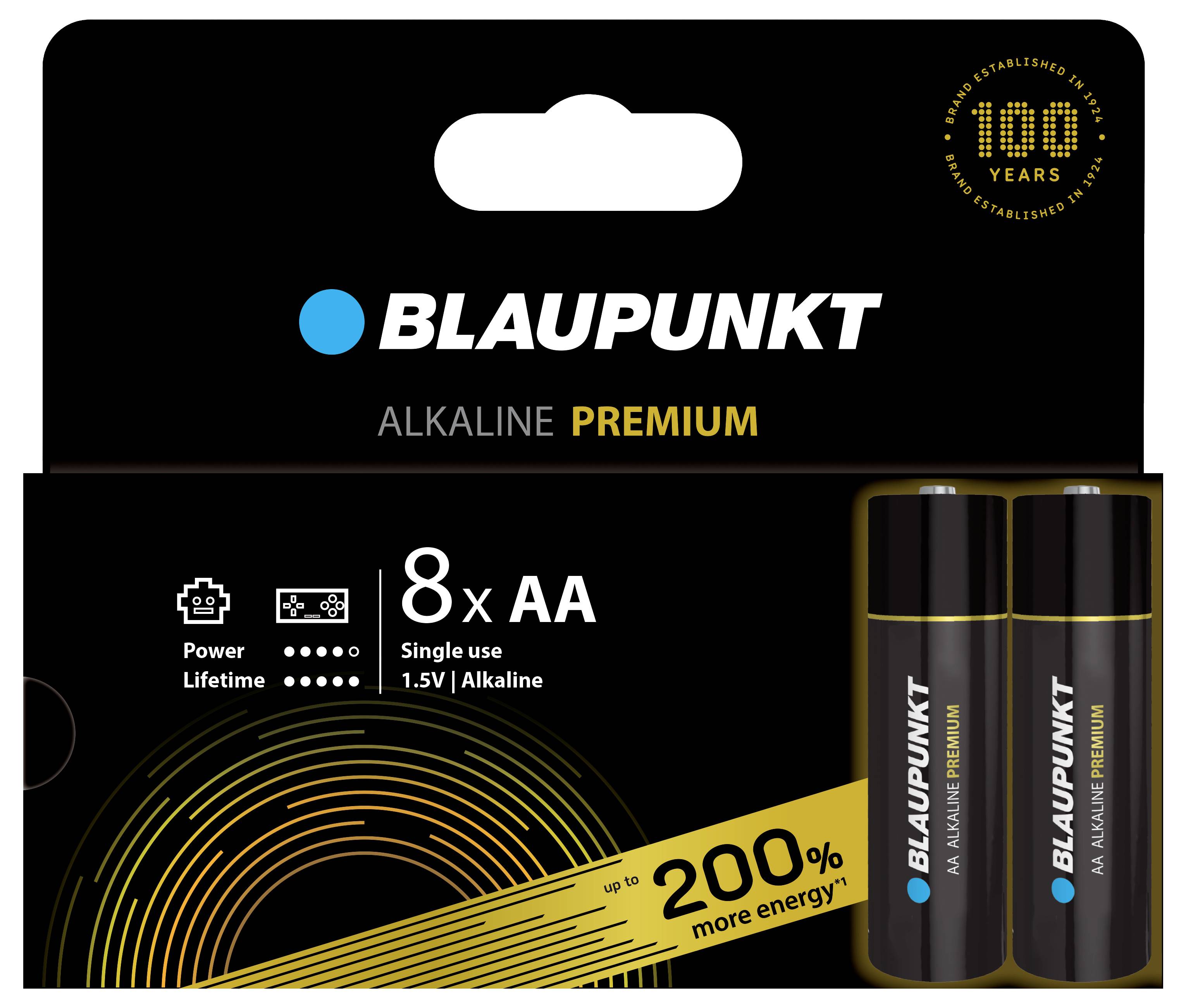 Batérie 'Blaupunkt Alkaline Premium' v balení, typ: 8 x AA, 1,5V, sľubujú až 200% viac energie, symbol 100-ročného výročia.