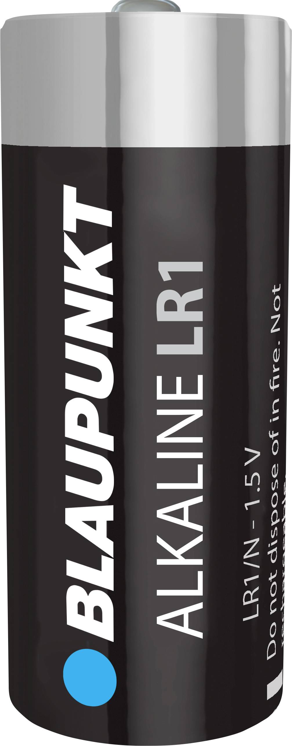 Čierna batéria s nápisom 'BLAUPUNKT ALKALINE LR1, LR1/N - 1.5V'.