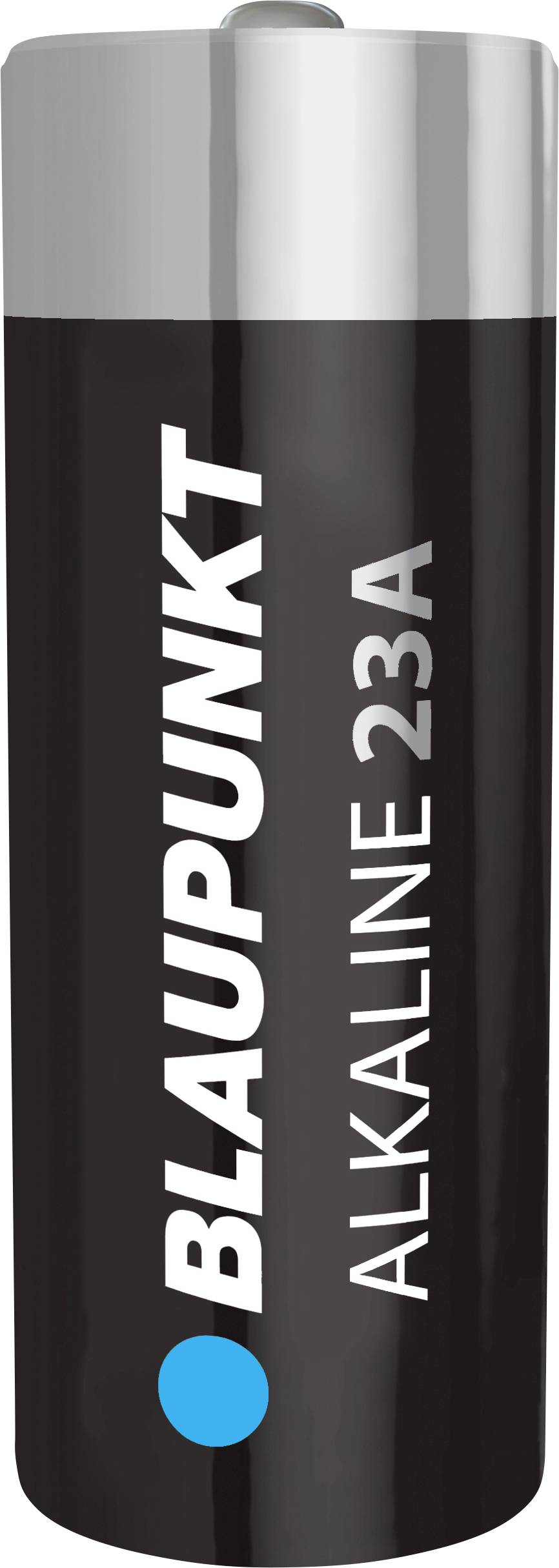 Čierna alkalická batéria so strieborným krytom. Firemná značka 'Blaupunkt' a typ '23A' na boku.