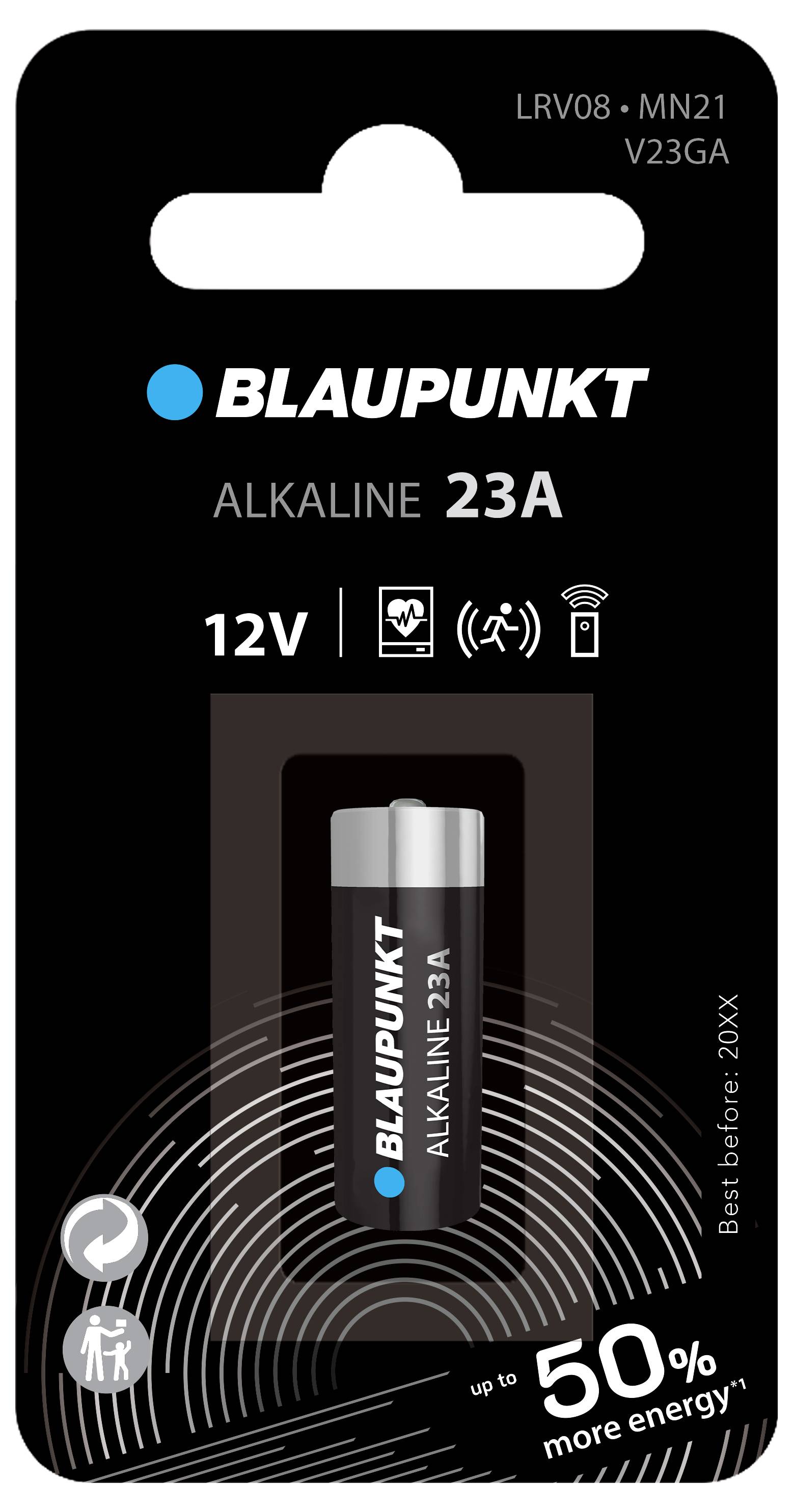 Alkalická batéria 23A od Blaupunkt, 12V. Obal zobrazuje technické symboly a upozornenie na až 50% viac energie.