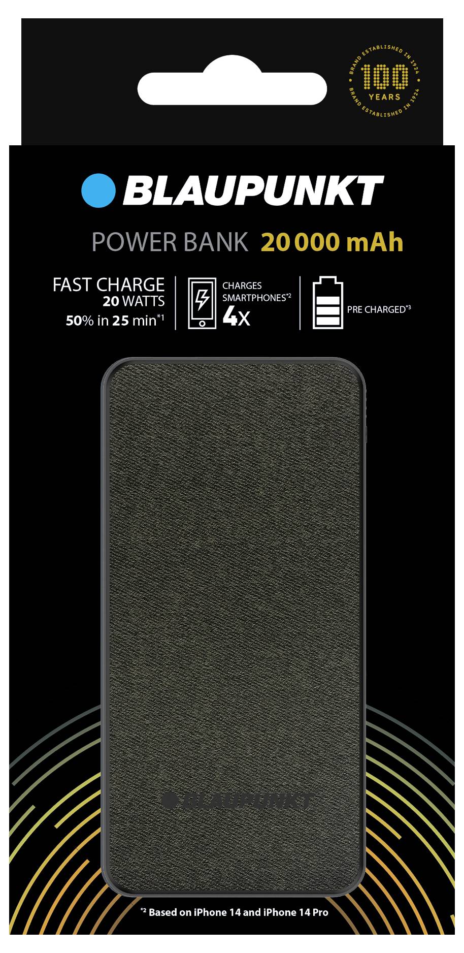 Čierne balenie powerbabanky Blaupunkt s kapacitou 20.000 mAh. Zvýraznené: Rýchle nabíjanie, nabije 4 smartfóny, už predbežne nabité.