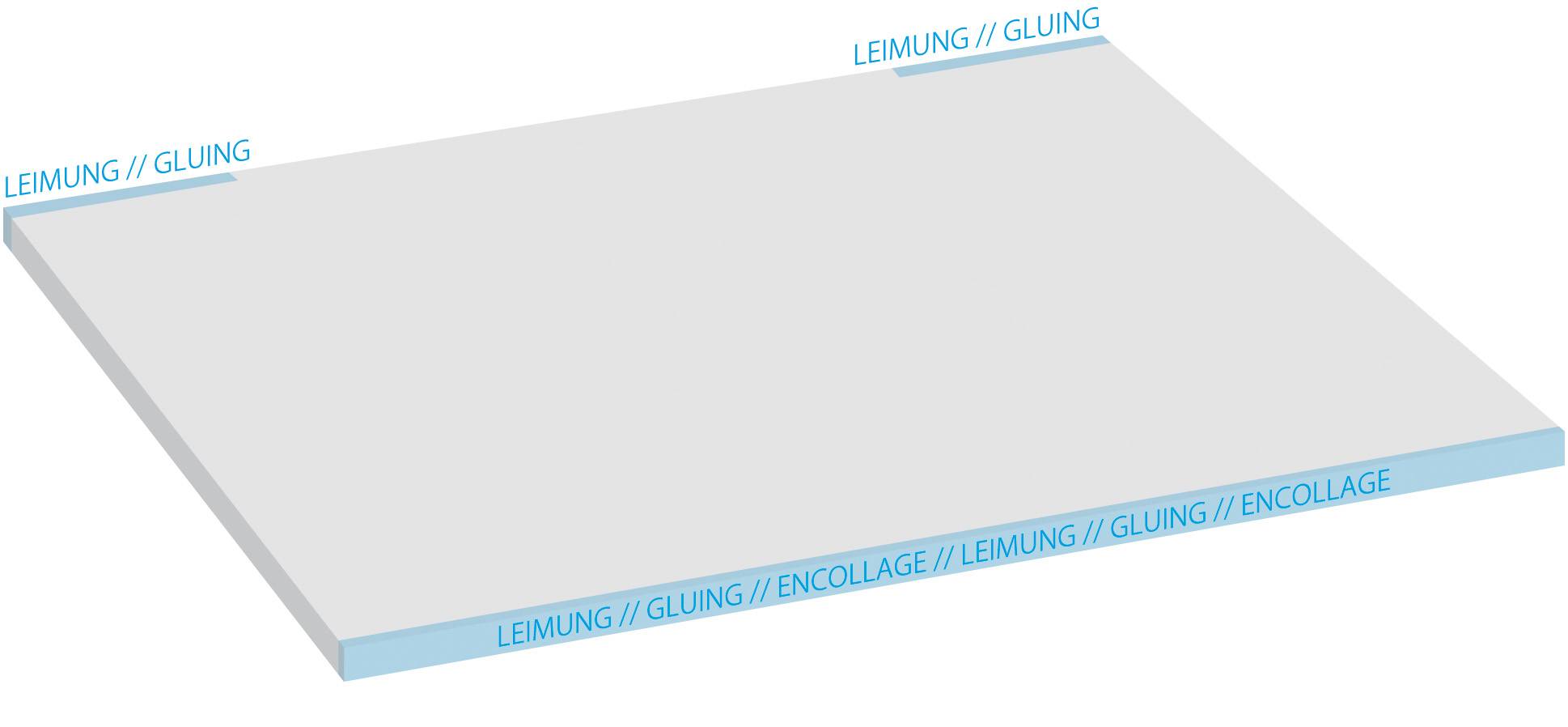 Diagram dosky s modrými okrajmi, na ktorých je napísané 'Lepenie // Gluing // Encollage'.