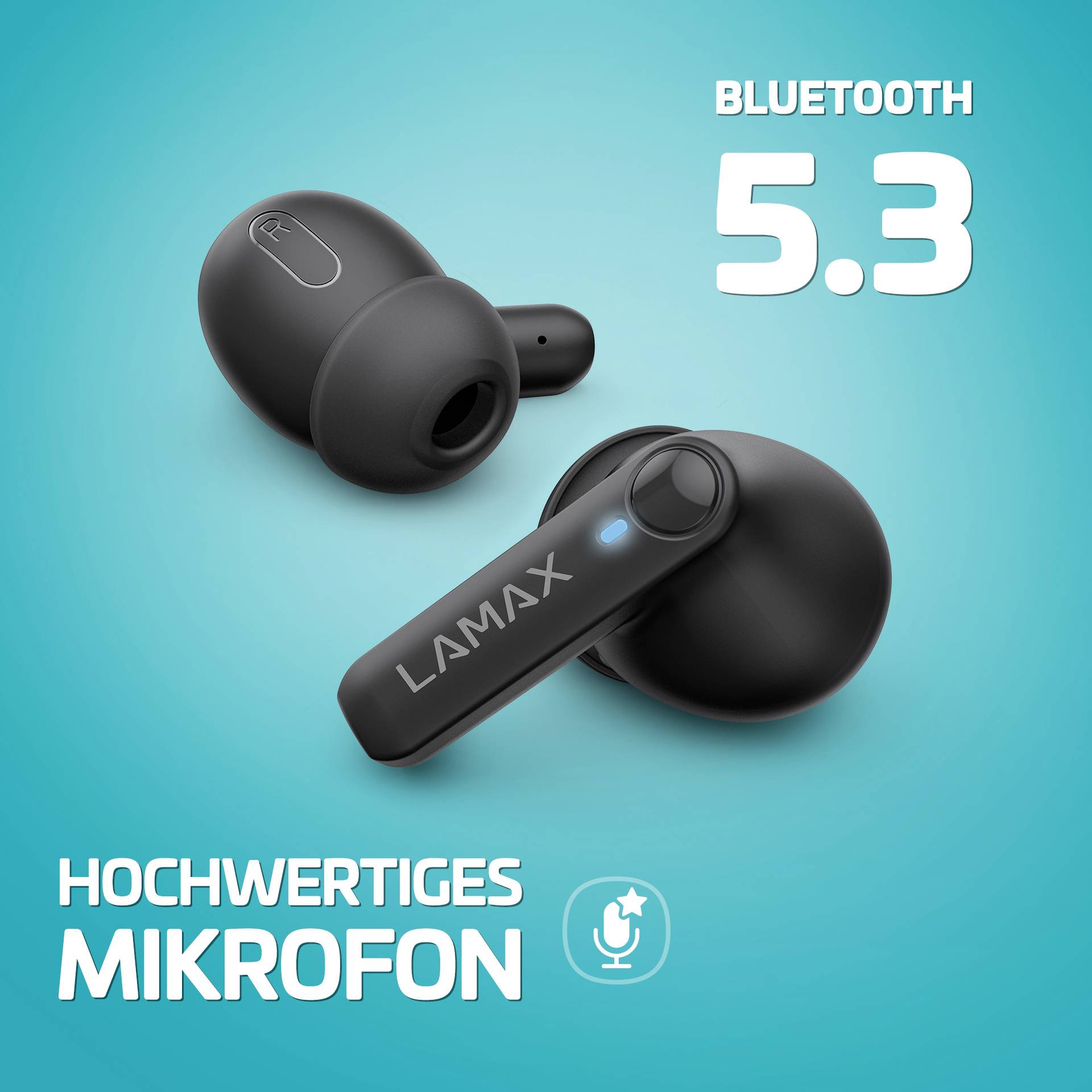 Dva čierne bezdrôtové slúchadlá s nápisom 'LAMAX'. Text: 'Bluetooth 5.3' a 'Vysokokvalitný mikrofón'. Pozadie v modrej farbe.