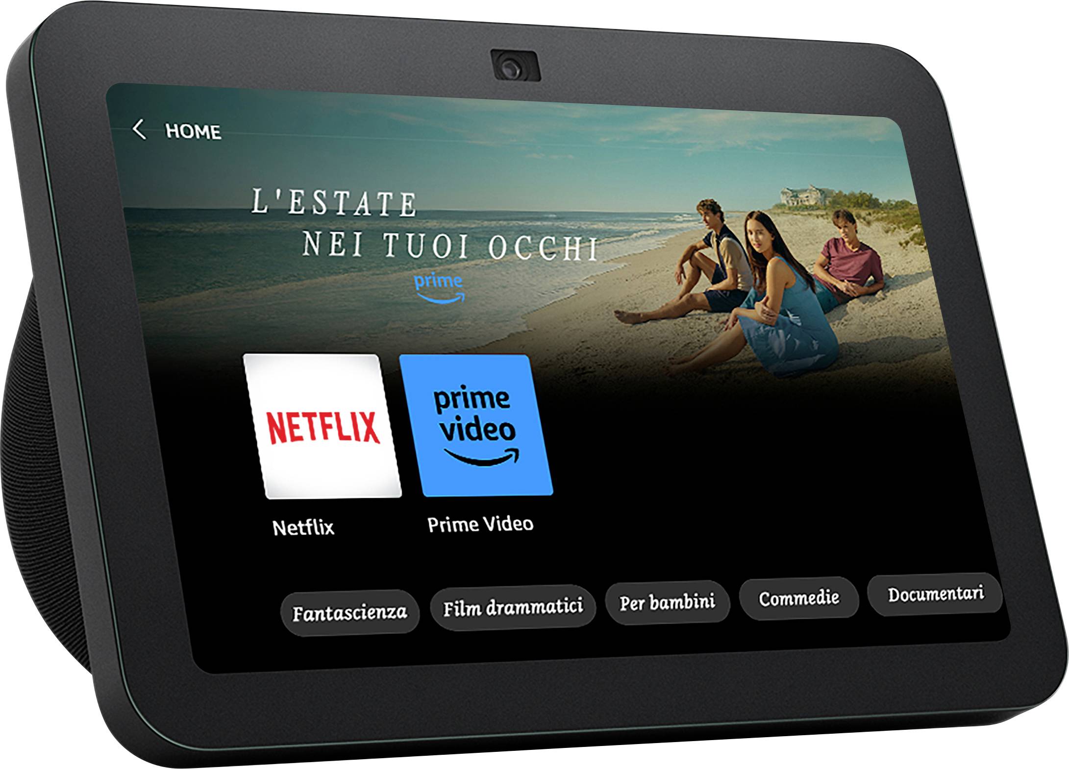 Tablet zobrazuje obrazovku s fotografiou pláže a streamovacími možnosťami Netflix a Prime Video. Hore je text 'L'estate nei tuoi occhi'.