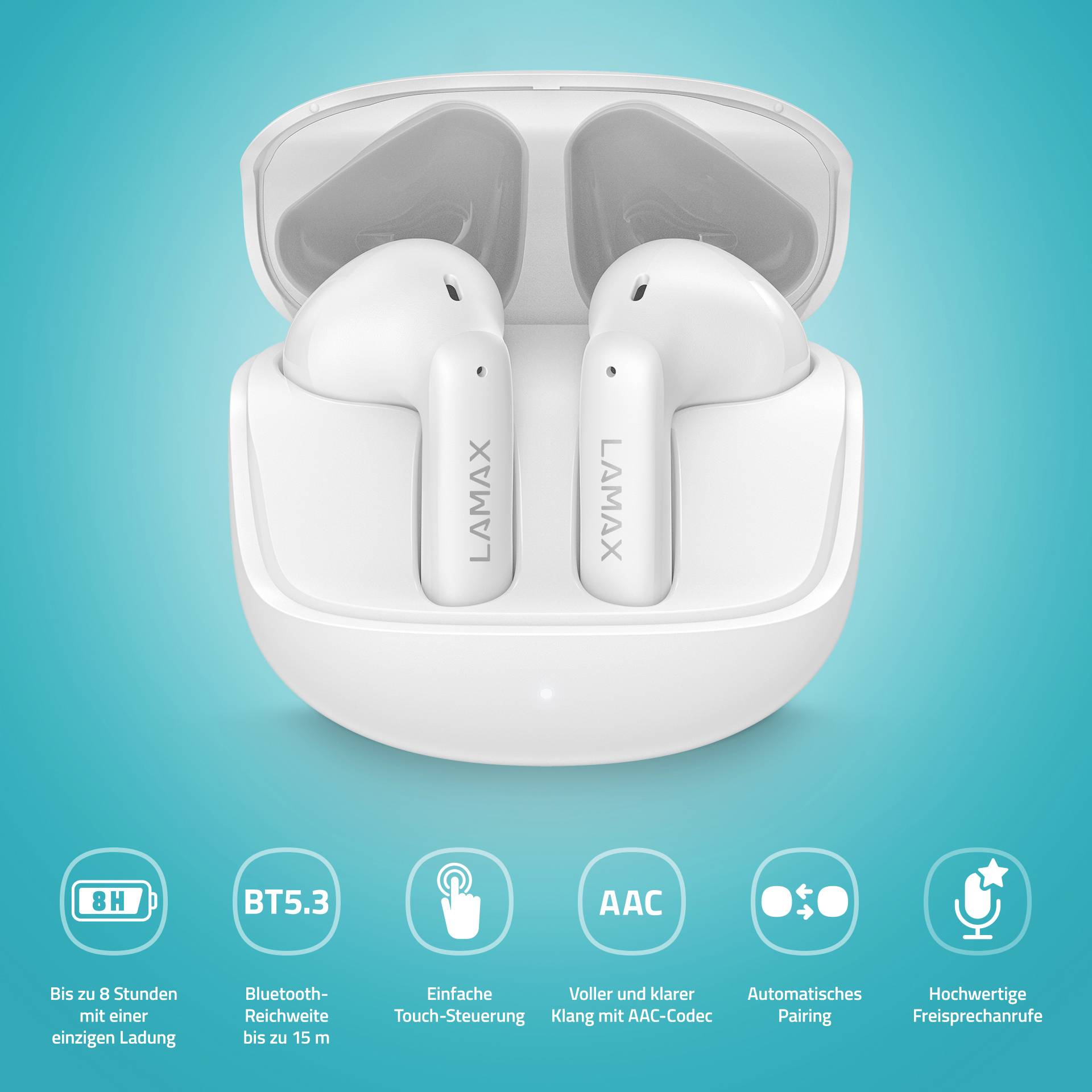 Biele bezdrôtové slúchadlá do uší v otvorenej nabíjacej krabičke na modrom pozadí. Označené funkciami ako AAC a Bluetooth 5.3.
