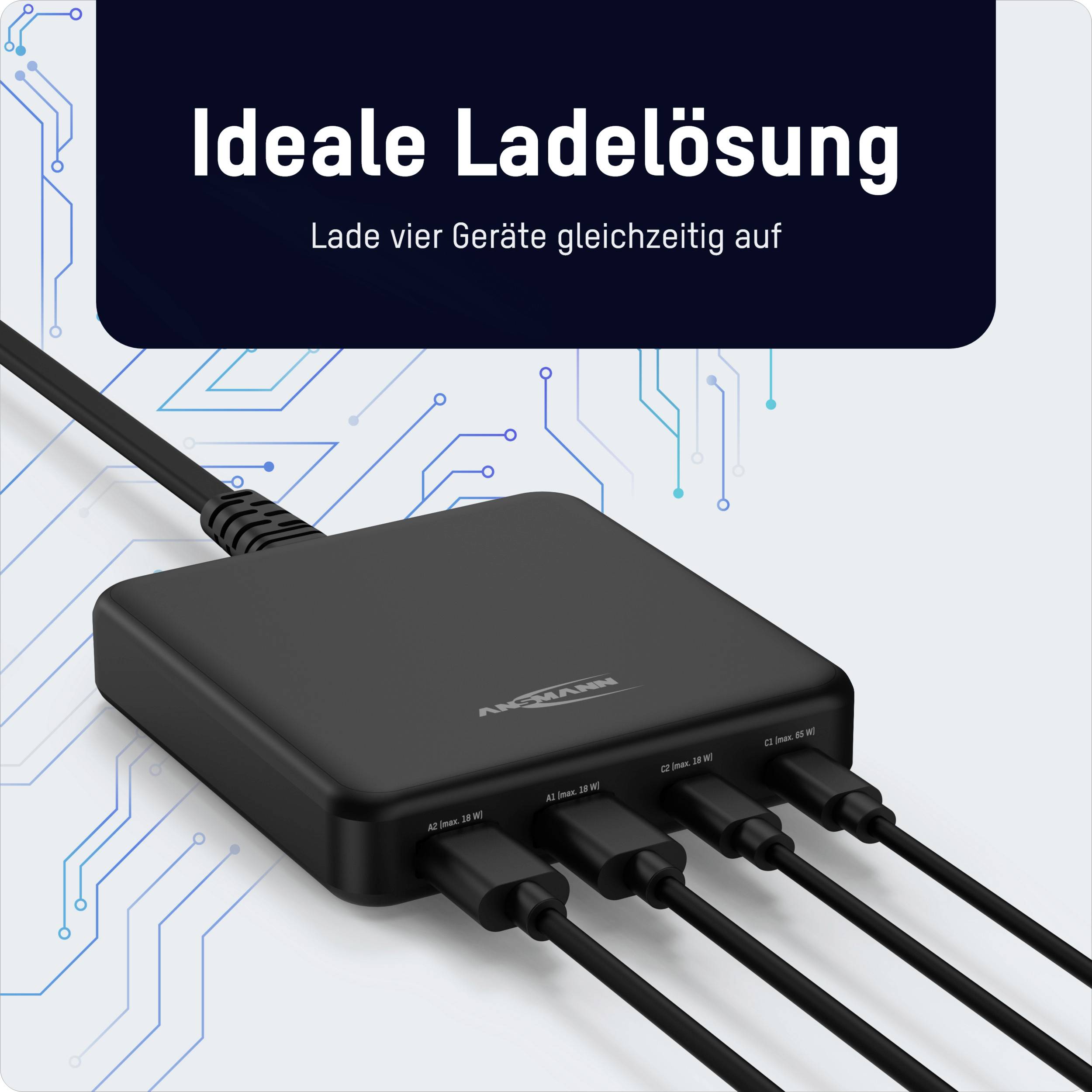 Na pozadí s dizajnom elektronického obvodu je zobrazená čierna nabíjačka so štyrmi portami. Text: 'Ideálne nabíjacie riešenie'.