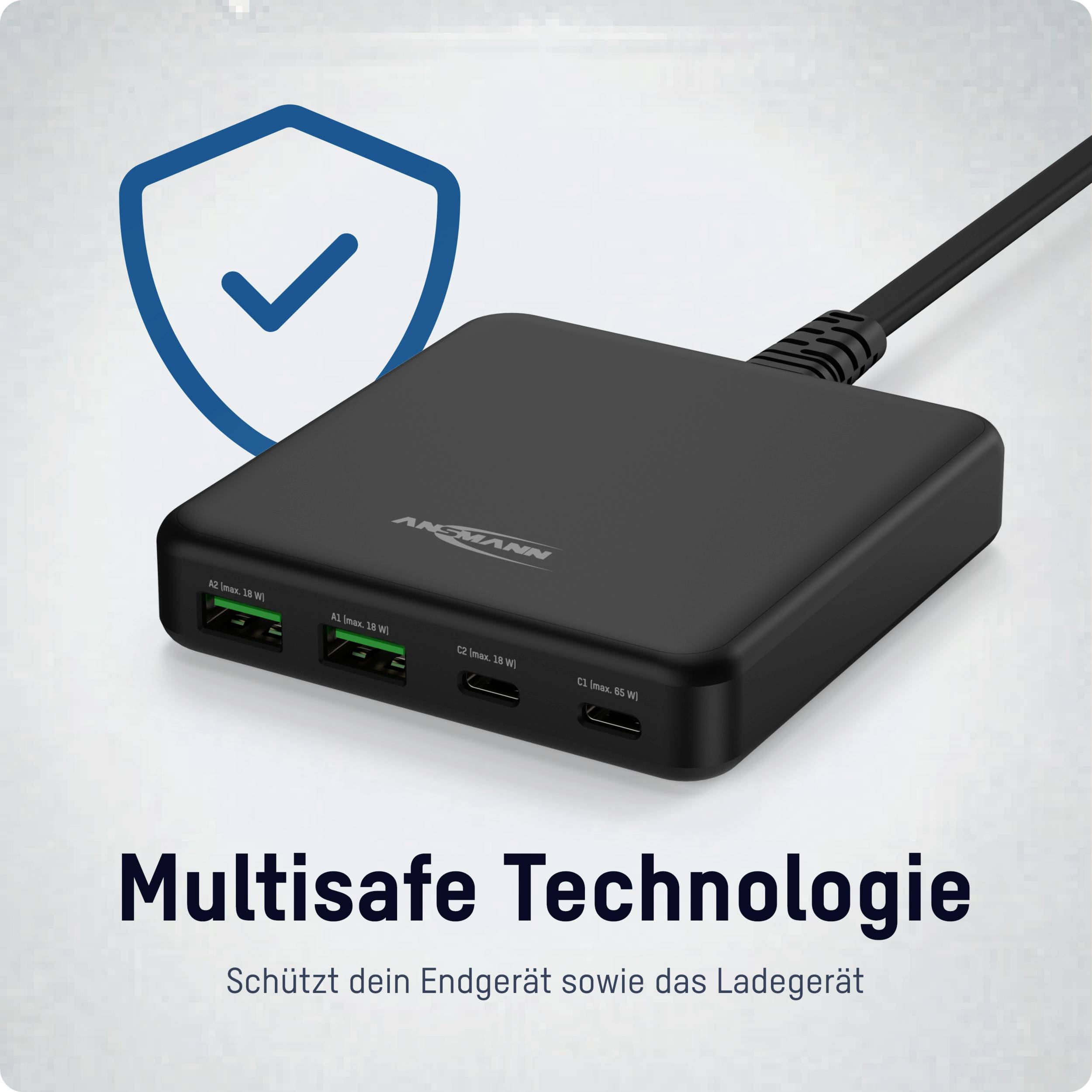 Nabíjačka so štyrmi USB portami; dva sú označené zelenou farbou, vedľa je symbol ochrany. Text: 'Technológia Multisafe chráni vaše koncové zariadenie aj nabíjačku'.