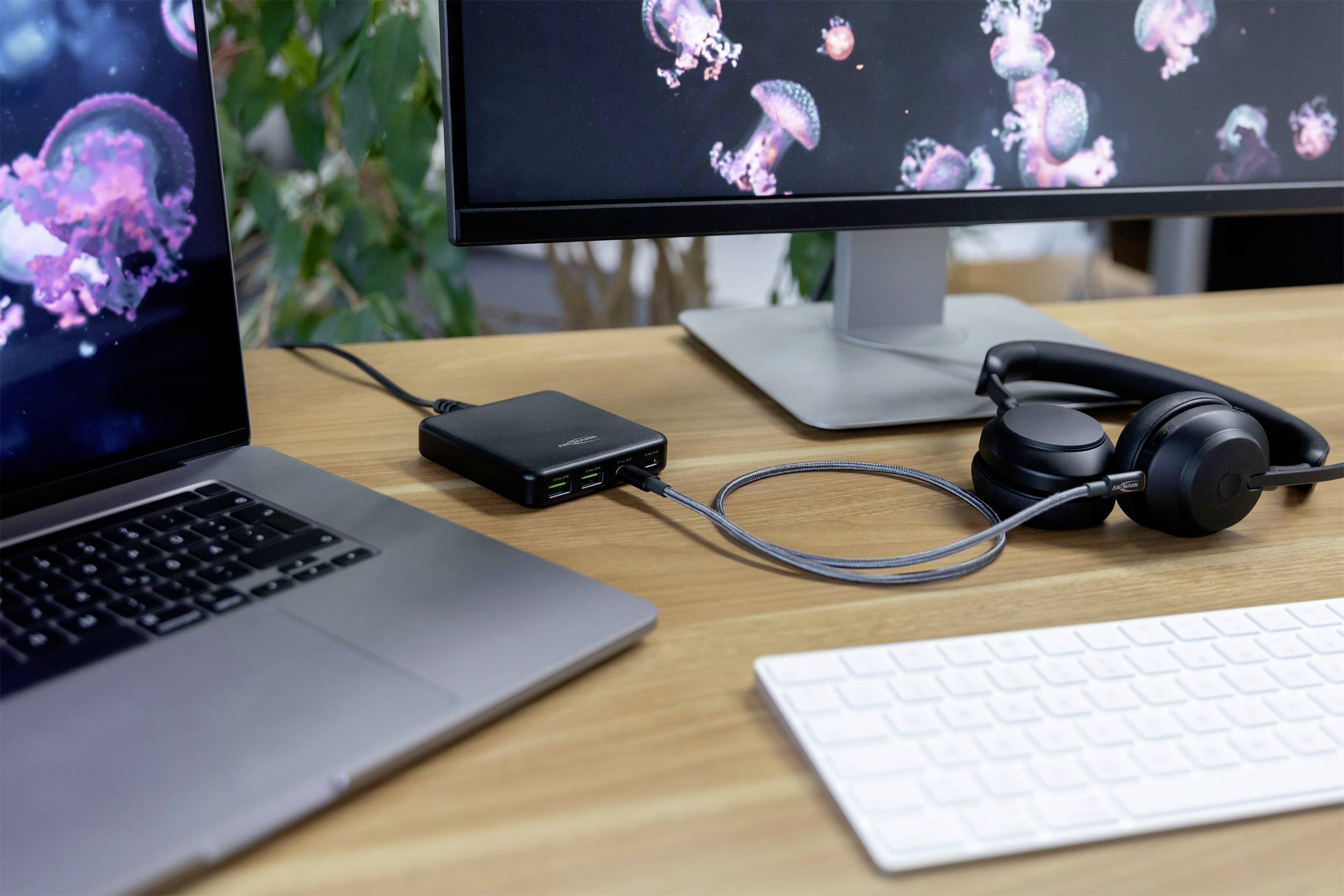 Laptop, monitor a slúchadlá na pracovnom stole. Monitor zobrazuje obrázky medúz, pracovné prostredie pôsobí moderne a usporiadane.