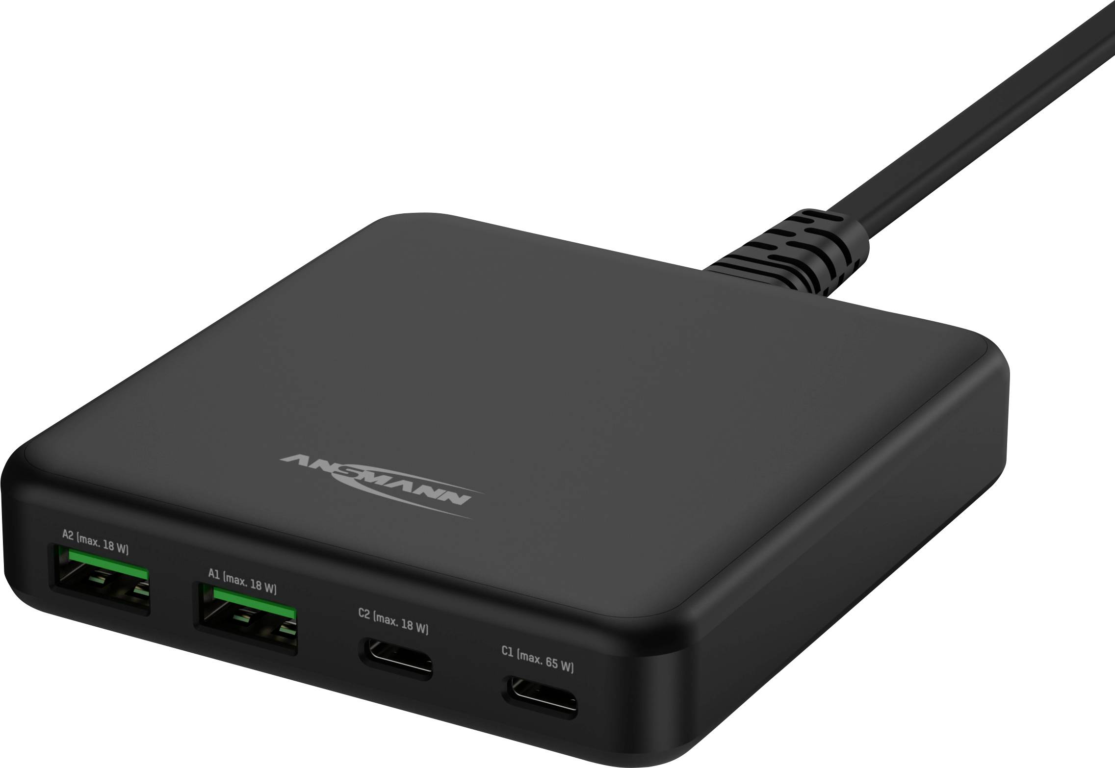 Čierna nabíjačka so štyrmi USB portmi a sieťovým káblom.