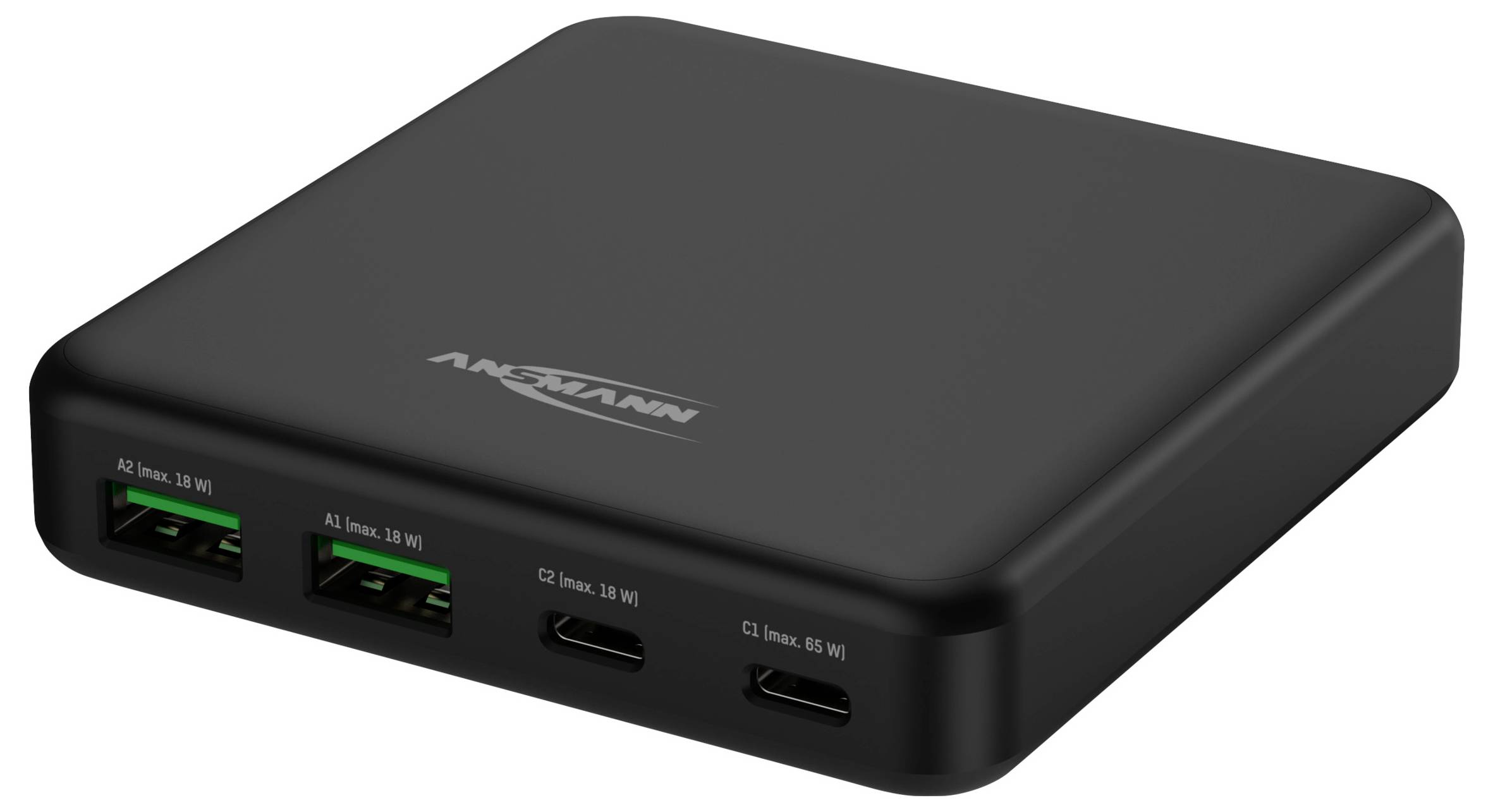 Čierna USB nabíjačka s piatimi portami: tri výkonné USB-C porty a dva USB-A porty vpredu.