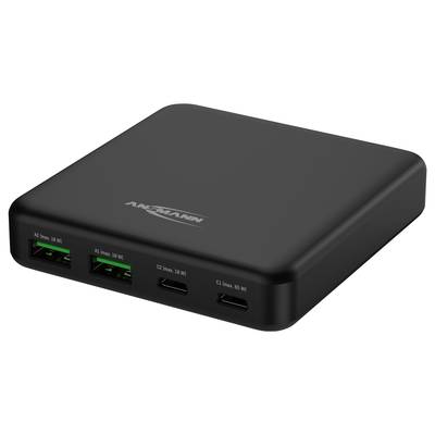 Čierna USB nabíjačka s piatimi portami: tri výkonné USB-C porty a dva USB-A porty vpredu.