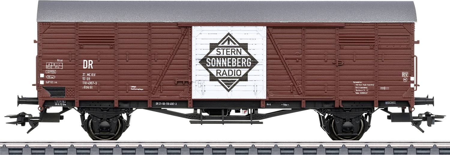 Hnedý nákladný vagón s nápisom 'Stern Sonneberg Radio'.