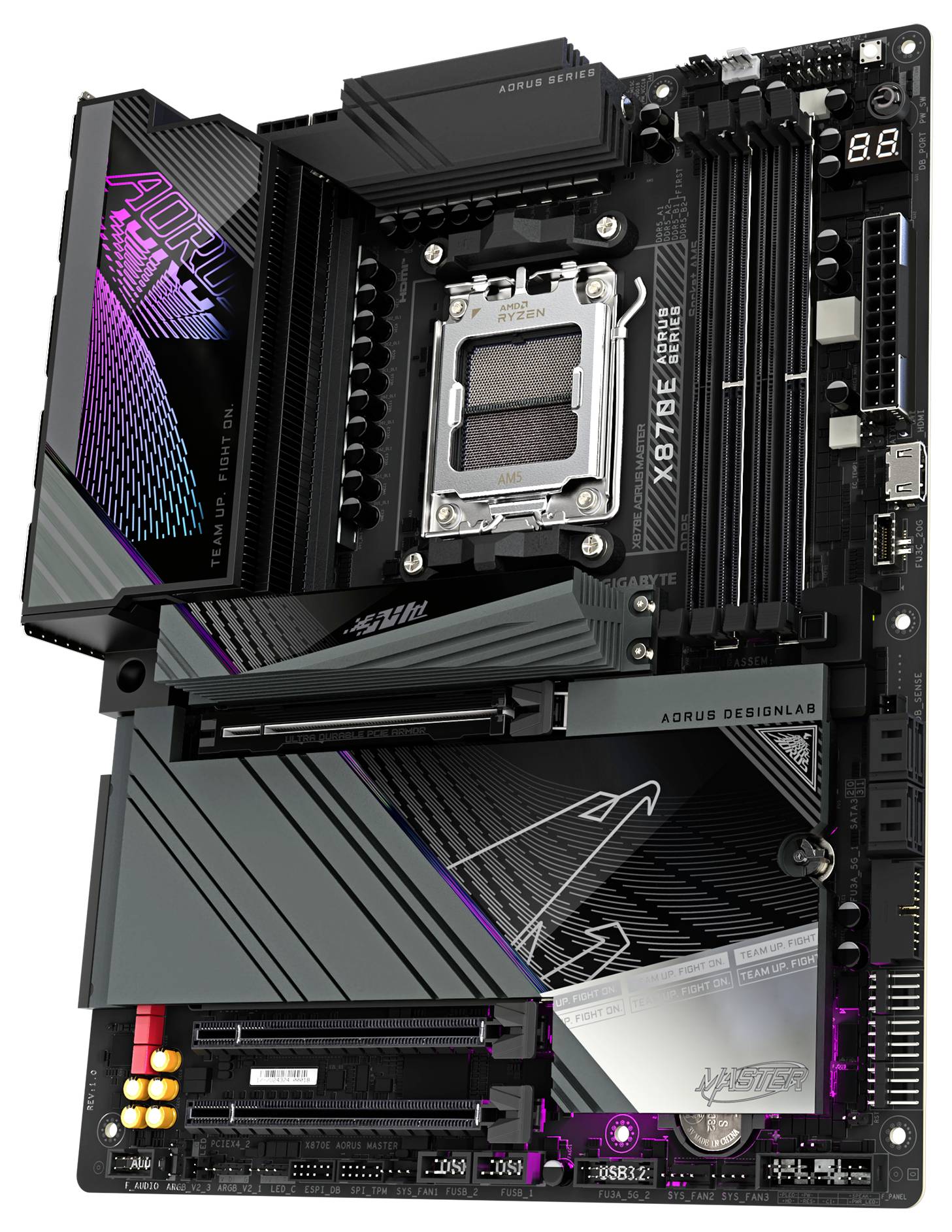 Základná doska s veľkým socketom pre CPU, viacfarebným chladičom a početými PCIe slotmi. Viditeľný je názov značky a číslo modelu.