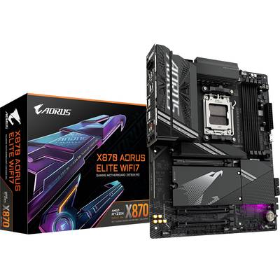 Doska AORUS X670 Elite WIFI 7 vedľa svojho obalu, vhodná pre procesory AMD Ryzen. Obal ukazuje futuristický dizajn.