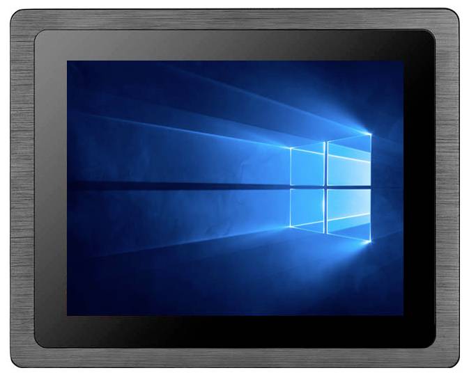 Monitor zobrazuje štandardnú Windows plochu s modrým, žiariacim logom okna v strede.