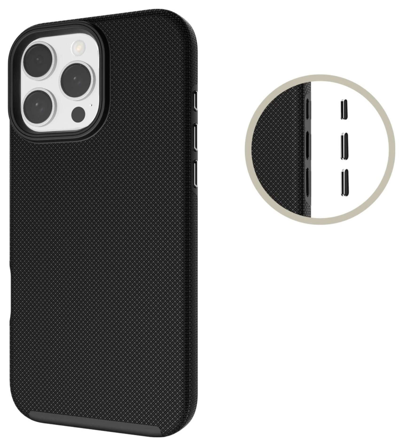Čierne štruktúrované puzdro na mobil s výrezmi pre kameru a konektory, po stranách viditeľné tlačidlá. Priložený výrez ukazuje detail tlačidiel.