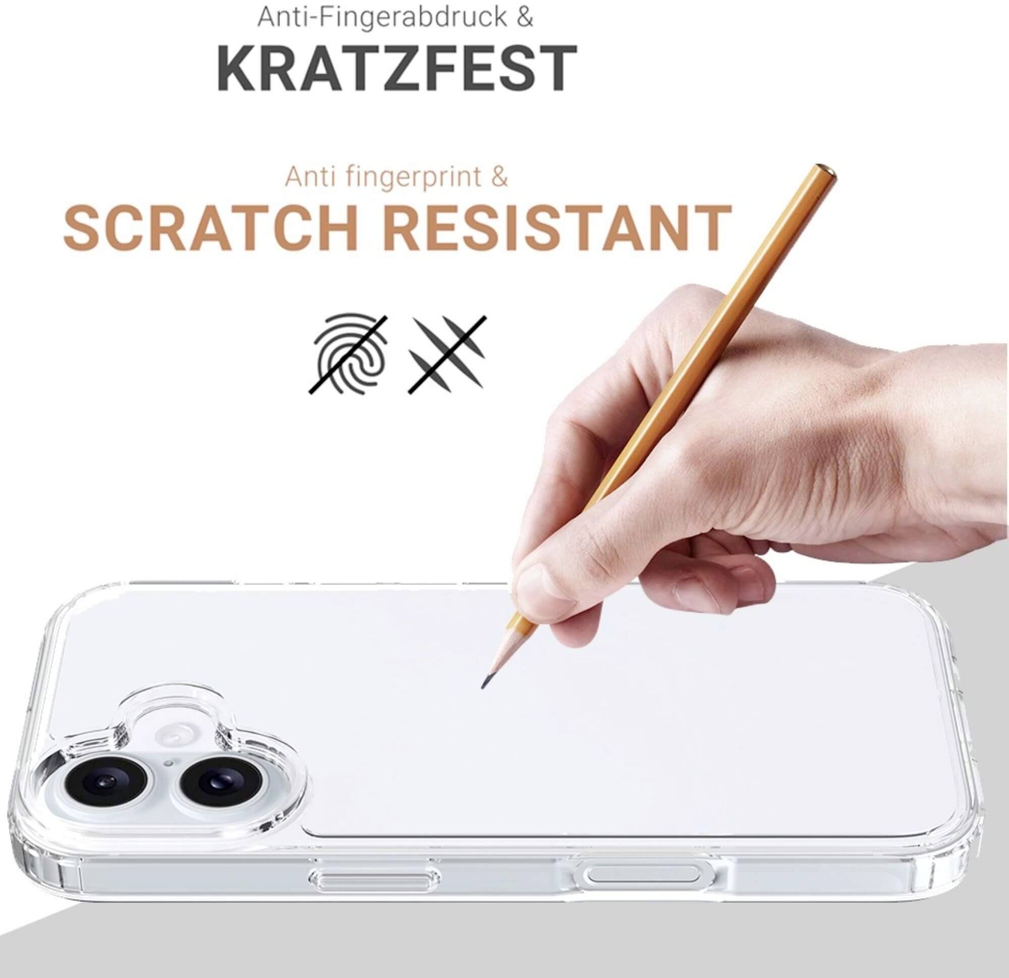Ruka drží pero nad priesvitným obalom na mobil, na ktorom je napísané 'Odolné proti odtlačkom prstov a poškriabaniu', 'Anti fingerprint & scratch resistant'.