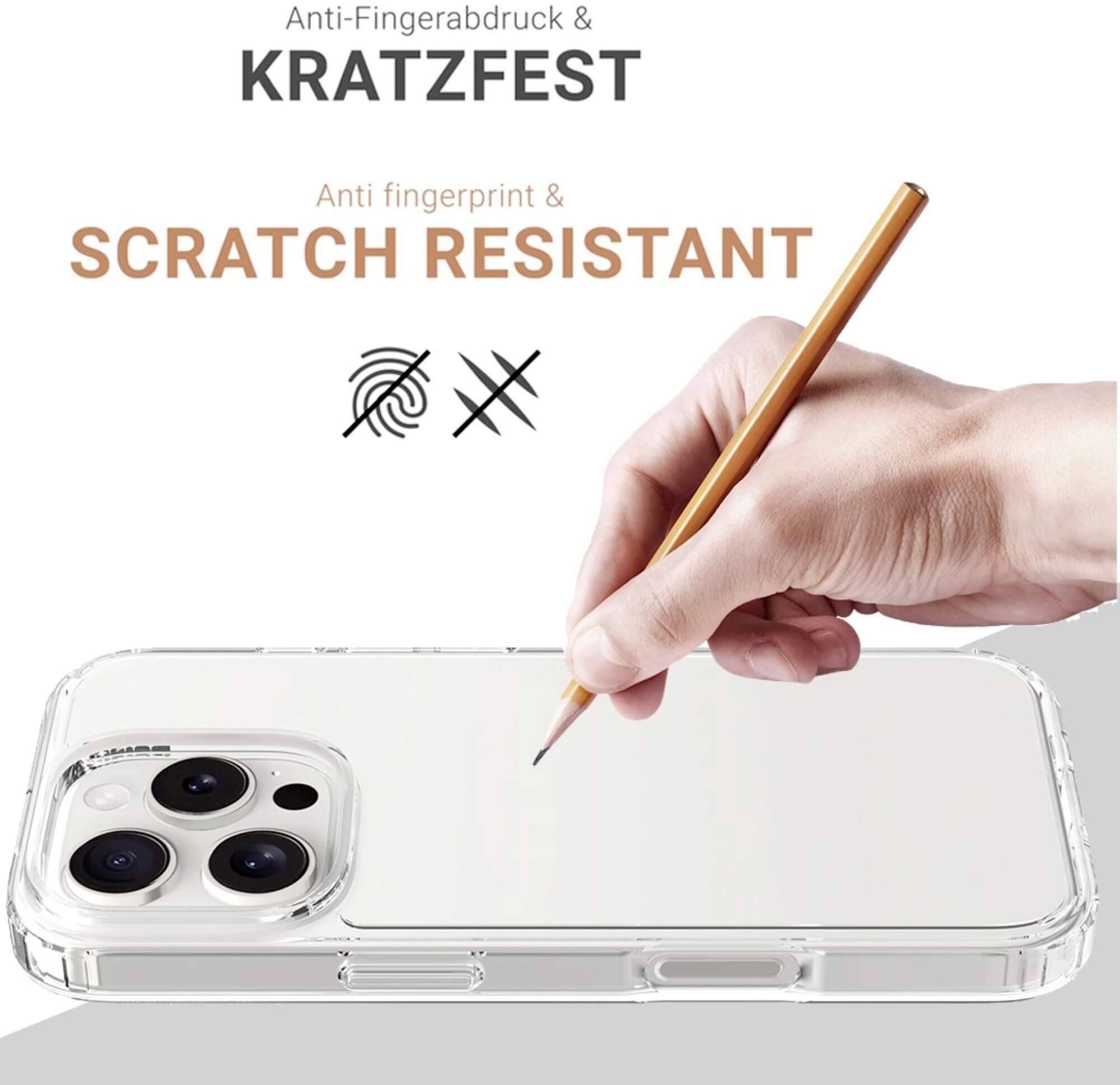 Smartfón s priehľadným krytom je držaný v ruke. Text zvýrazňuje 'Odolný proti poškriabaniu' a 'Odolný proti odtlačkom prstov'.