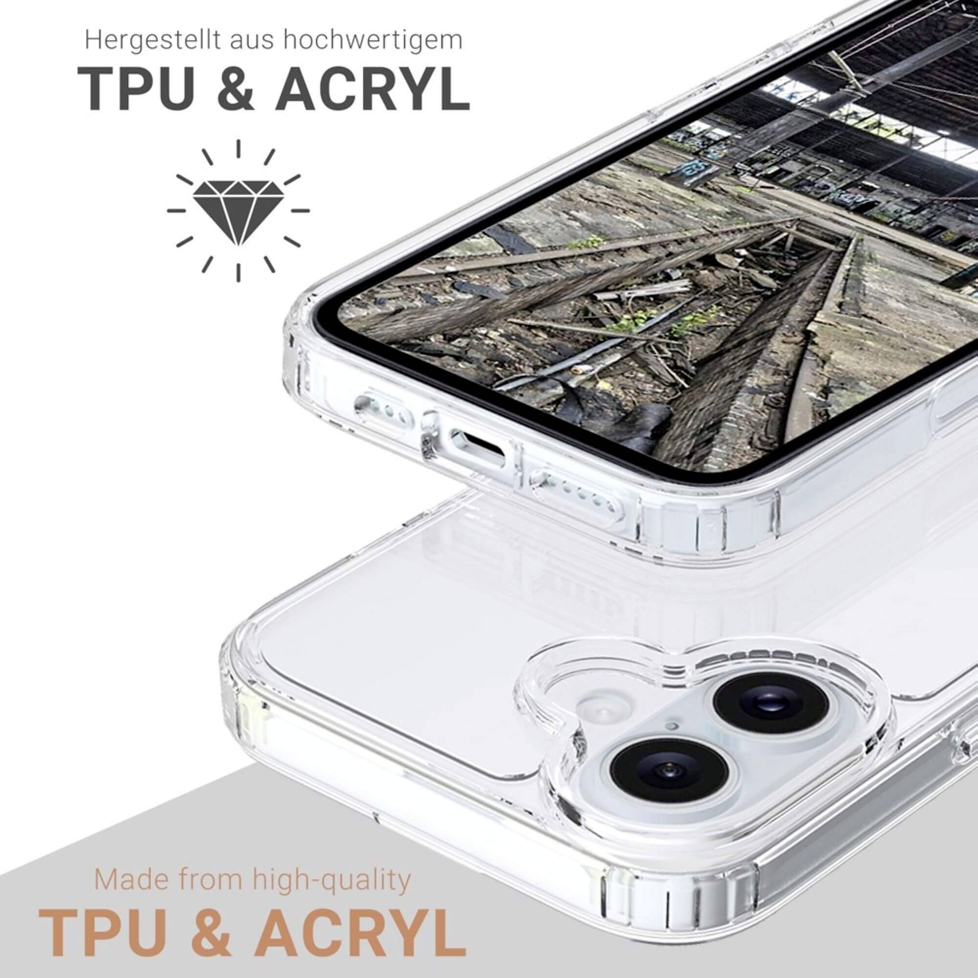 Svetlý kryt na mobil z TPU a akrylu, chráni smartfón. Text: 'Vyrobené z vysokokvalitného TPU a akrylu'.