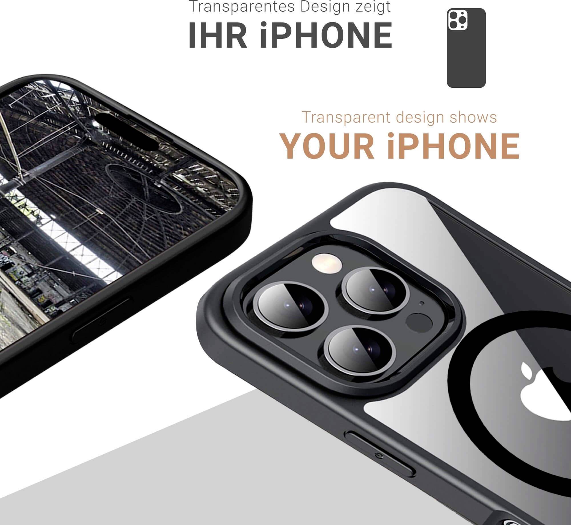 Transparentný obal odhaľuje váš iPhone, na obrázku je lesklý kryt a fotografia iPhonu v hale.