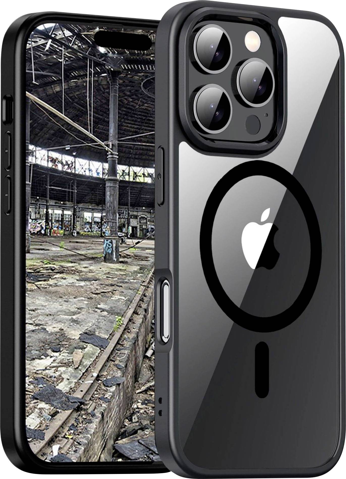 Smartfón so zobrazením schátraného, opusteného priemyselného objektu na obrazovke. Na zadnej strane je kamera a logo Apple.